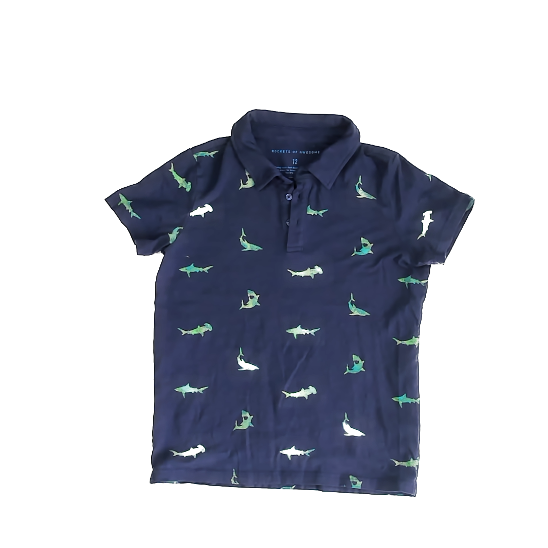 Rockets Of Awesome Boys Navy | Green Sharks Polo Shirt Size: 12 Navy | Green Sharks