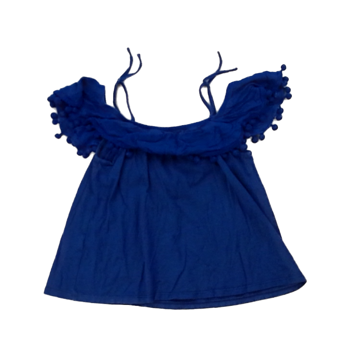Rockets Of Awesome Girls Navy Tank | Pom Pom Ruffle Top Short Sleeve Shirt Size: 6 - 7 Years Navy Tank | Pom Pom Ruffle Top