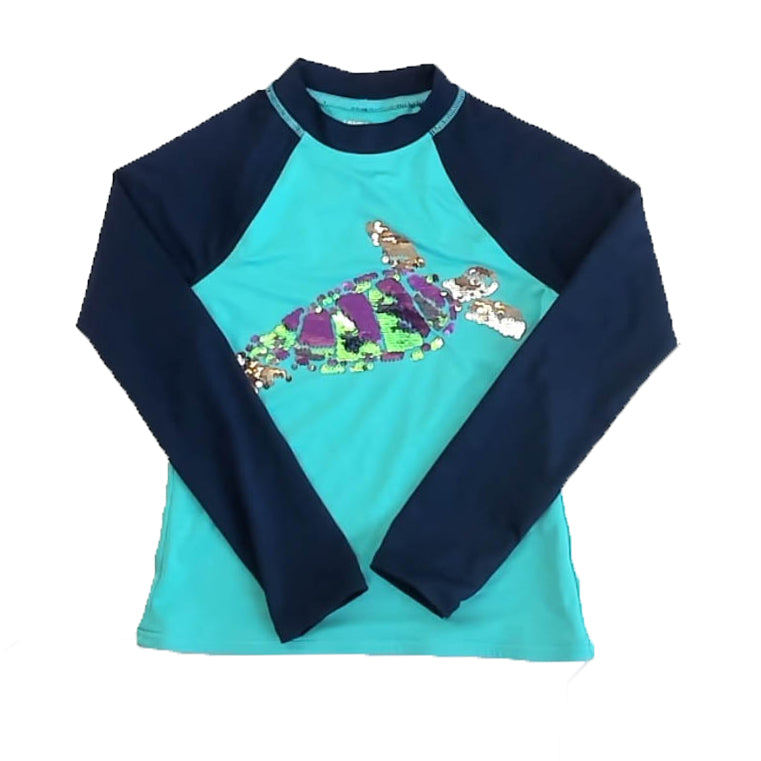 Lands' End Girls Navy | Turquoise Turtle Rashguard Size: 6-7 Years Navy | Turquoise Turtle
