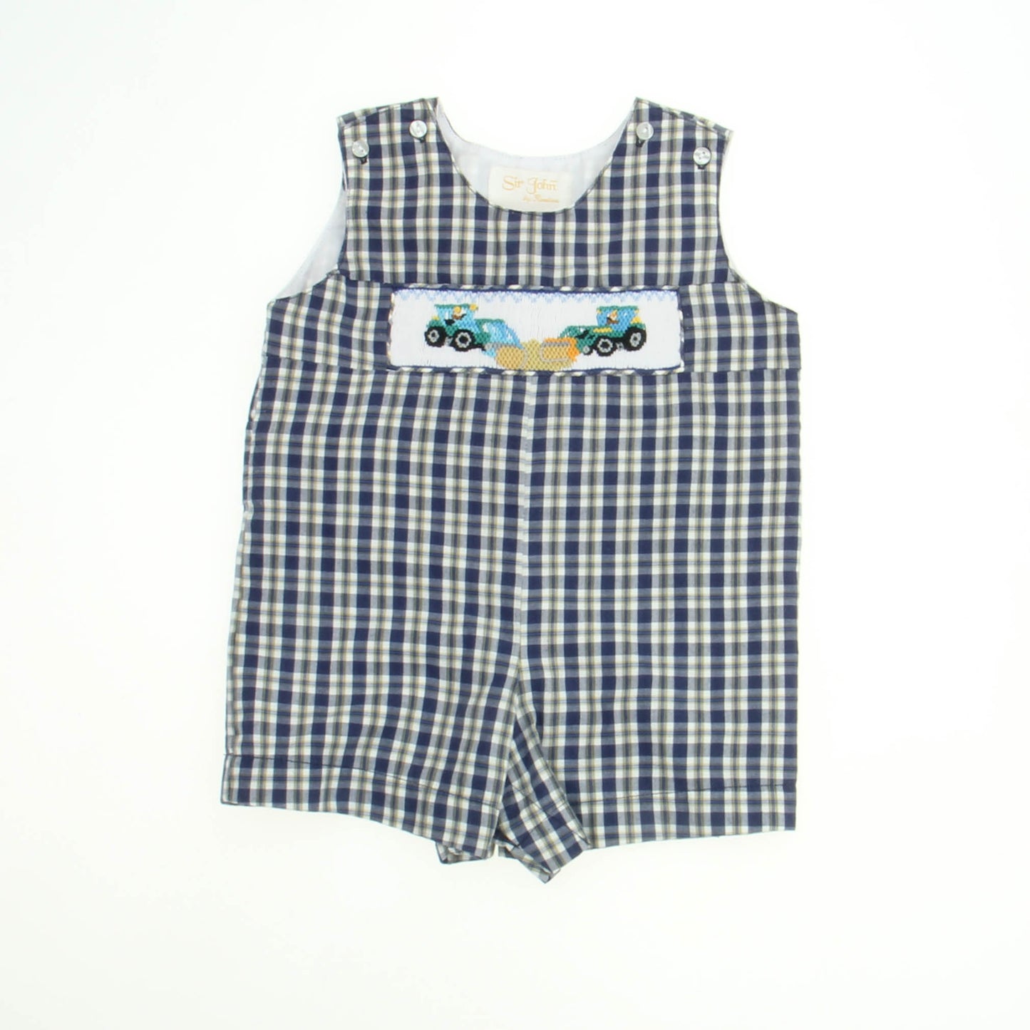 Rosalina Boys Navy | Yellow | Trucks Romper Size: 6 Months Navy | Yellow | Trucks