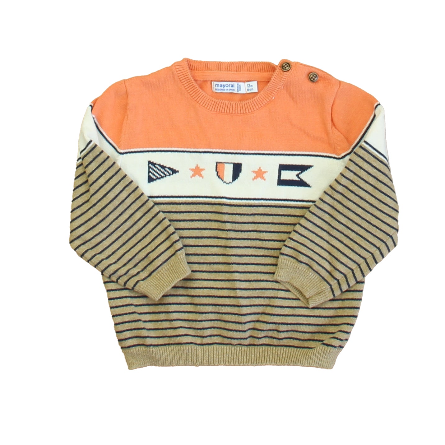 Mayoral Boys Orange | White | Brown Sweater Size: 12 Months Orange | White | Brown