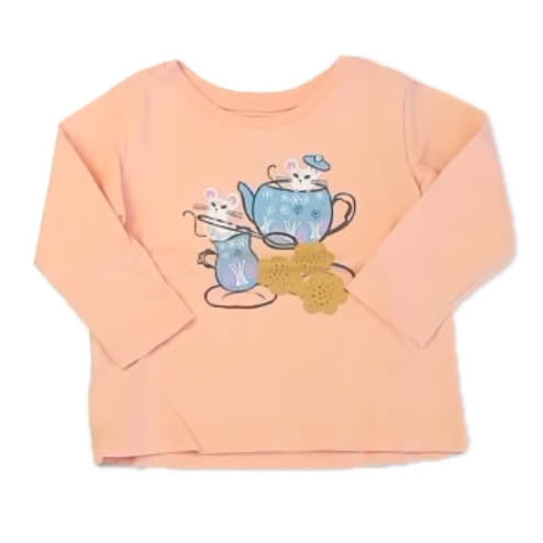 Tea Collection Girls Peach Tea Cups Long Sleeve T-Shirt Size: 9-12 Months Peach Tea Cups