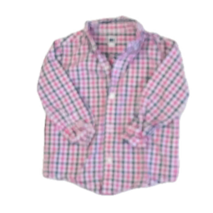 Janie and Jack Boys Pink | Black Plaid Button Down Long Sleeve Size: 18-24 Months Pink | Black Plaid
