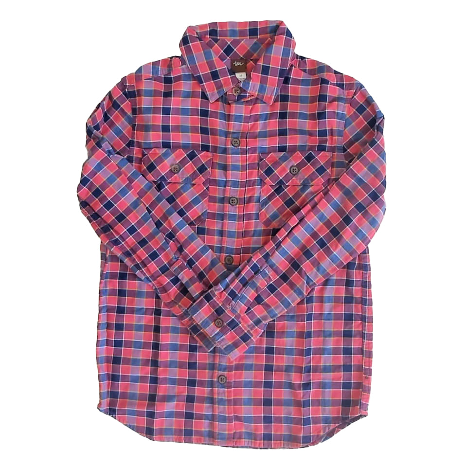 Tea Collection Boys Pink | Blue Check Button Down Long Sleeve Size: 10 Years Pink | Blue Check