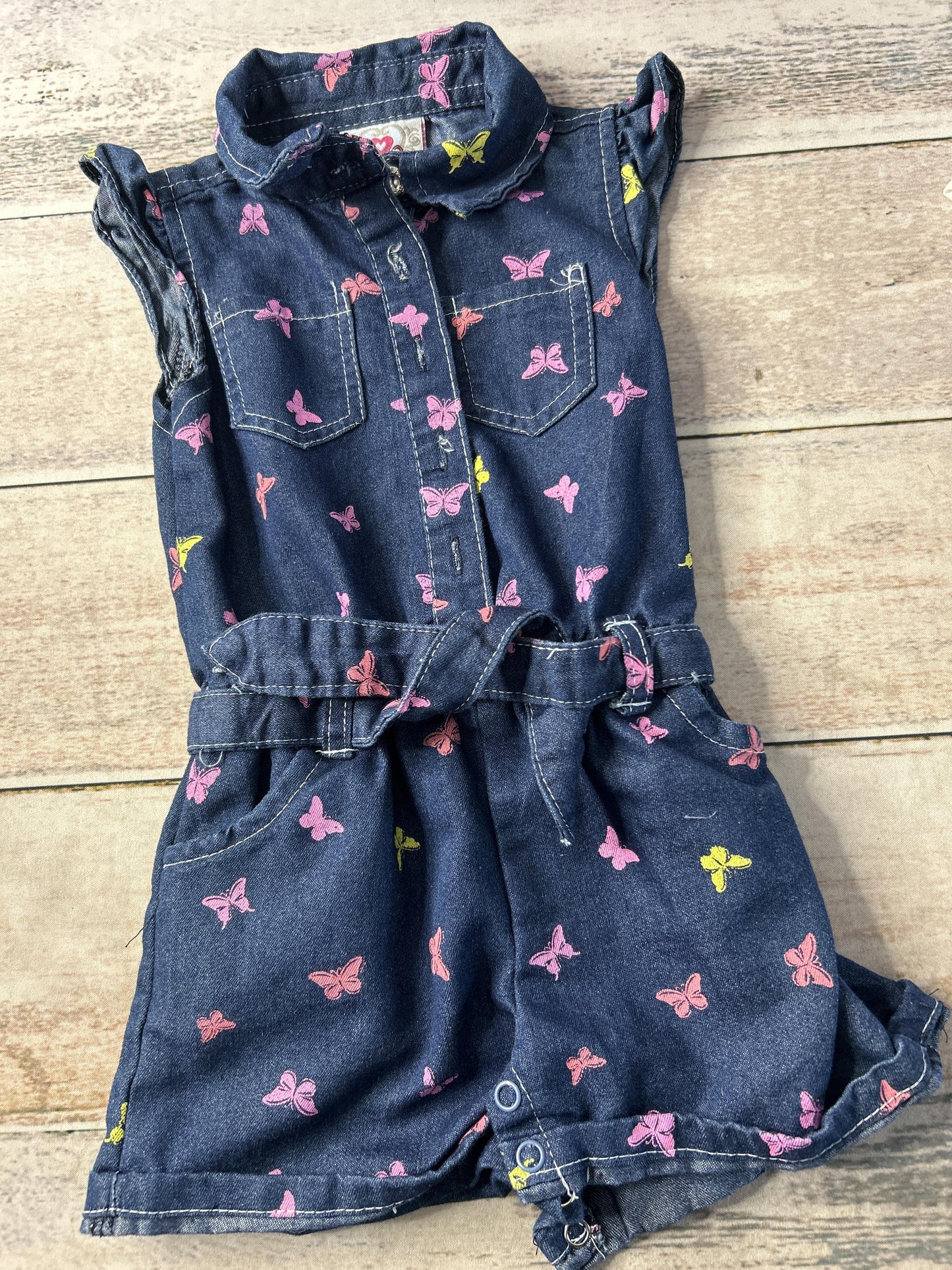 Girls pink | Butterfly | Denim Romper Size: 12-18 months pink | Butterfly | Denim