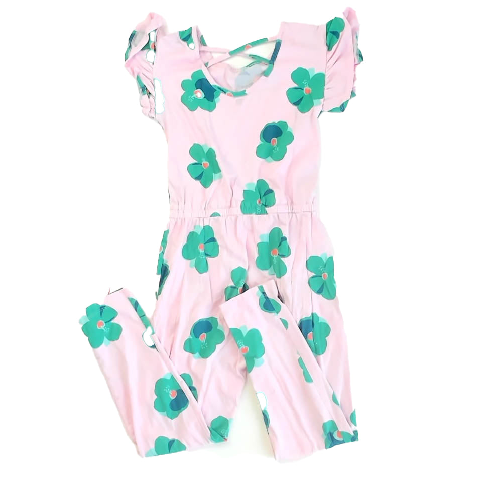 Tea Collection Girls Pink | Green Floral Romper Size: 10 Years Pink | Green Floral