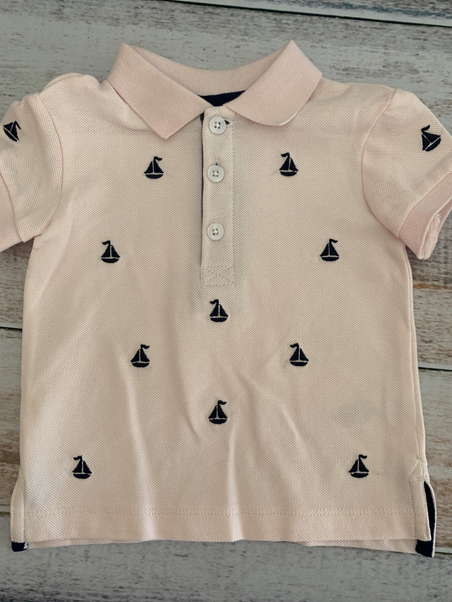 Little Me Boys pink | Navy Blue | Boats Button Down Short Sleeve Size: 12M pink | Navy Blue | Boats
