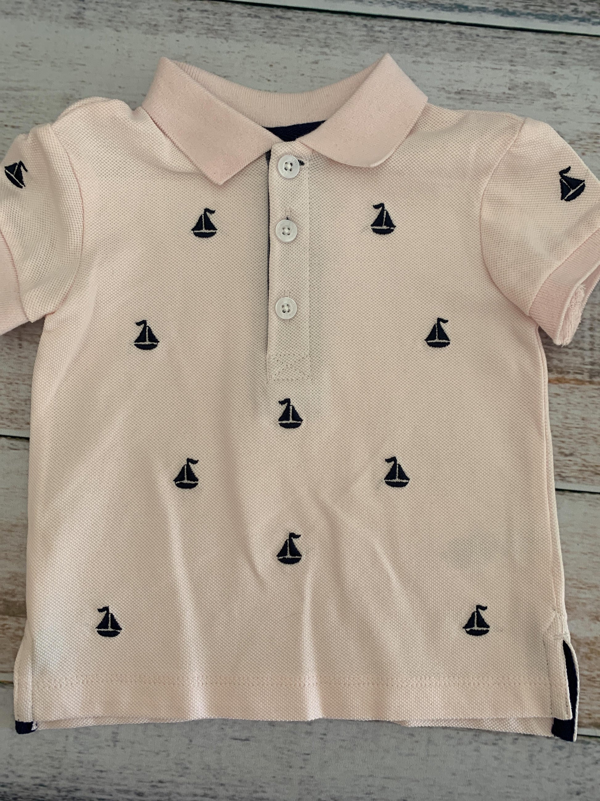 Little Me Boys pink | Navy Blue | Boats Button Down Short Sleeve Size: 12M pink | Navy Blue | Boats