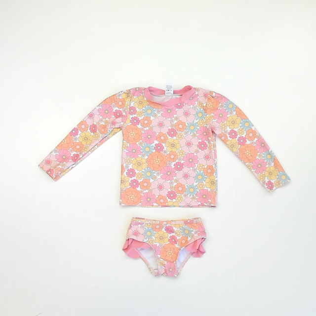 HB Girls Pink | Orange | Yellow Floral 2-piece Swimsuit Size: 2T Pink | Orange | Yellow Floral