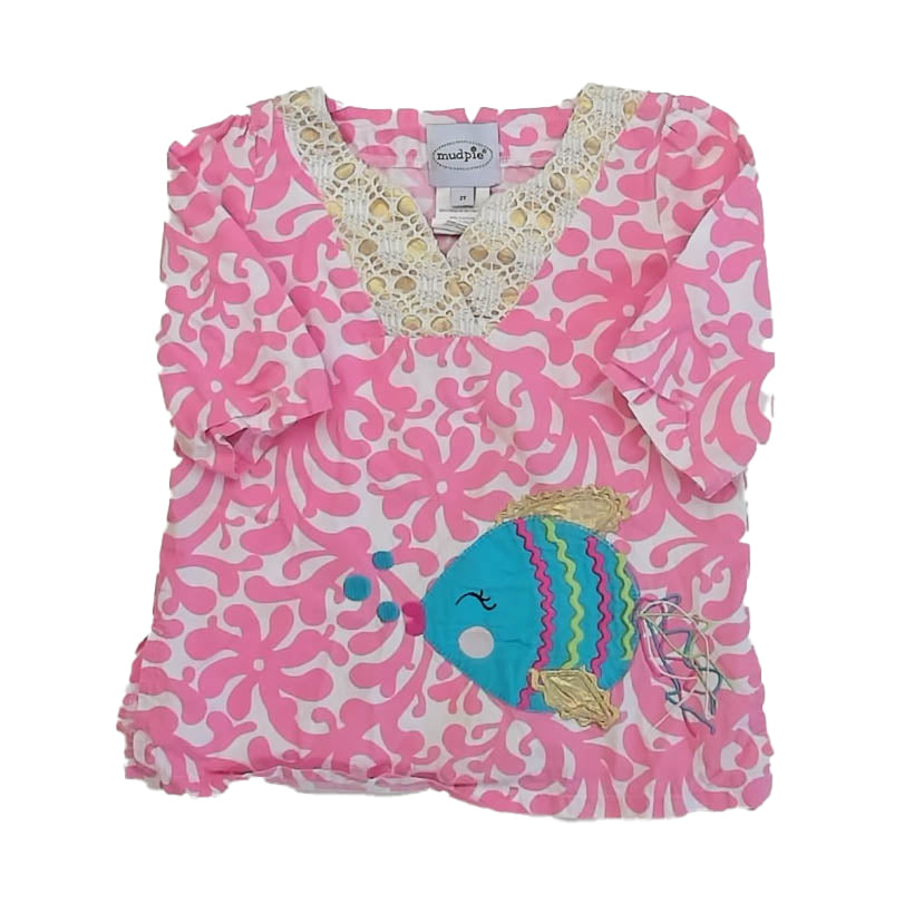 Mudpie Girls Pink | White | Blue Fish Blouse Size: 2T Pink | White | Blue Fish