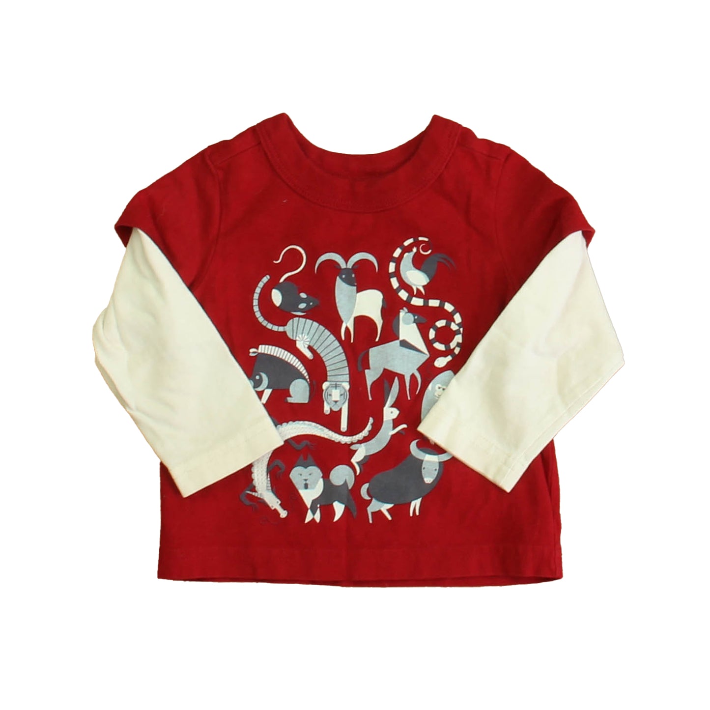 Tea Boys Red | Ivory Animals Long Sleeve T-Shirt Size: 3-6 Months Red | Ivory Animals