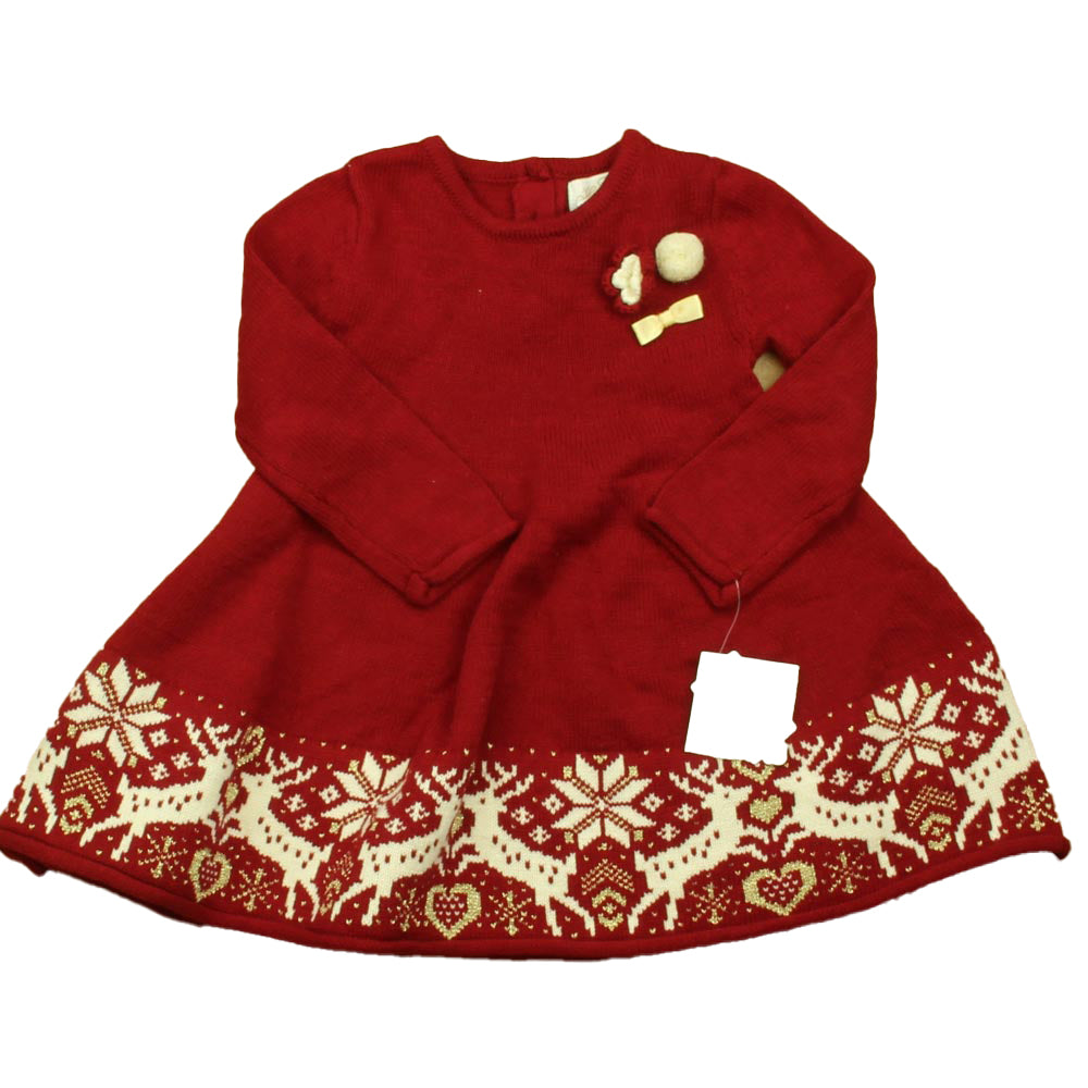 Heirloom Girls Red | Ivory Deer Sweater Dress Size: 18 Months Red | Ivory Deer