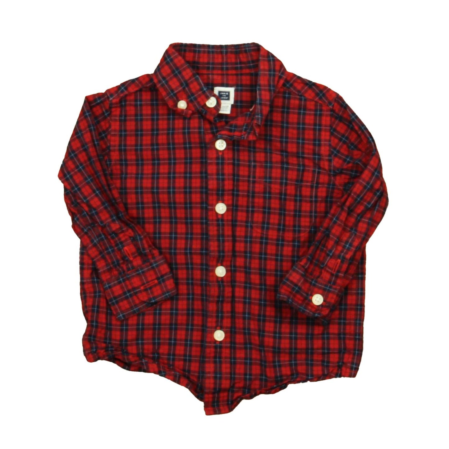 Janie & Jack Boys Red | Navy Plaid Button Down Long Sleeve Size: 6-12 Months Red | Navy Plaid