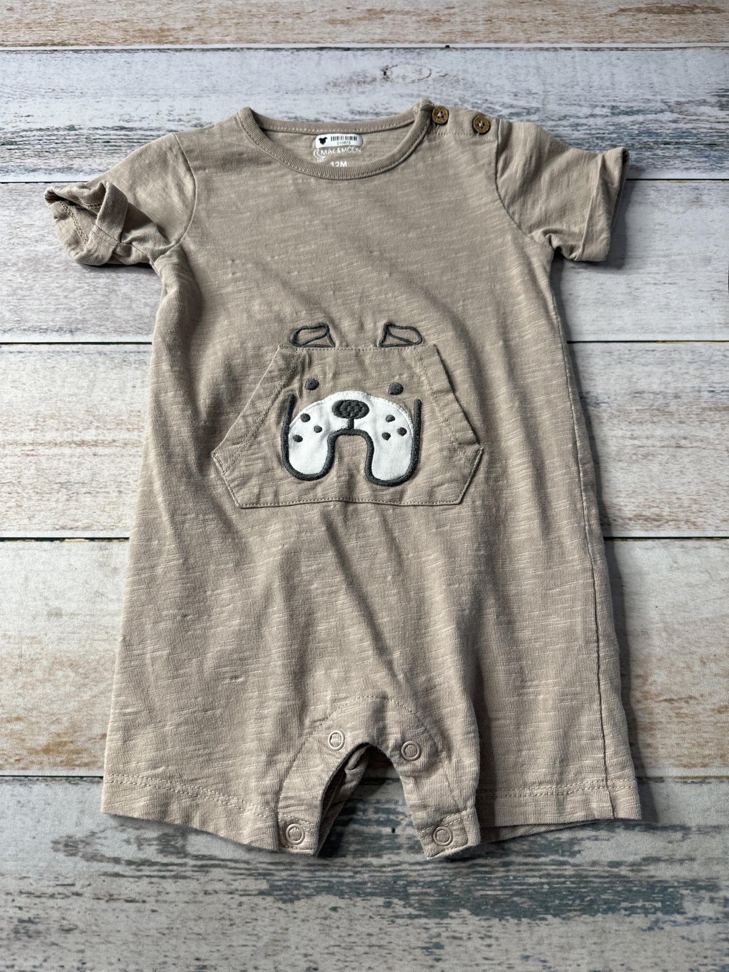 Mac & Moon Boys Tan | dog Romper Size: 12 months Tan | dog