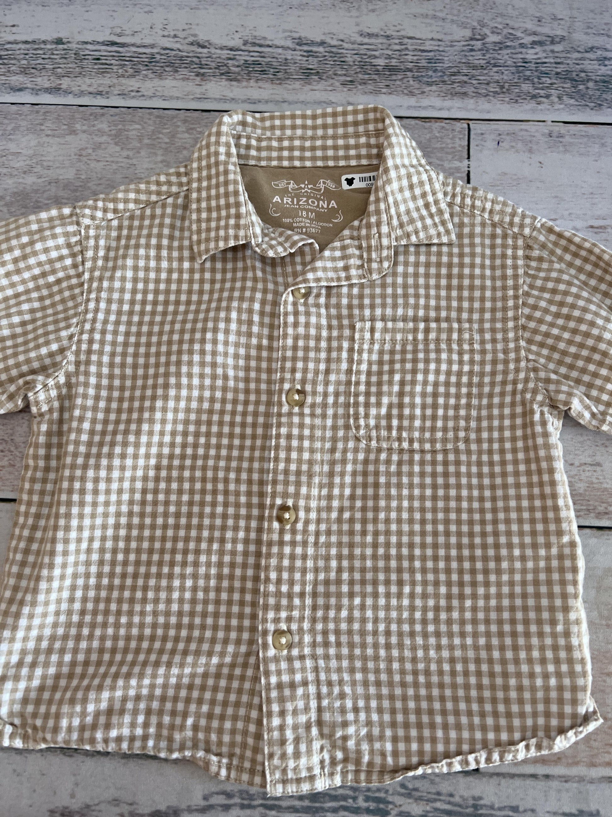 Arizona Boys Tan | plaid Button Down Short Sleeve Size: 18 months Tan | plaid
