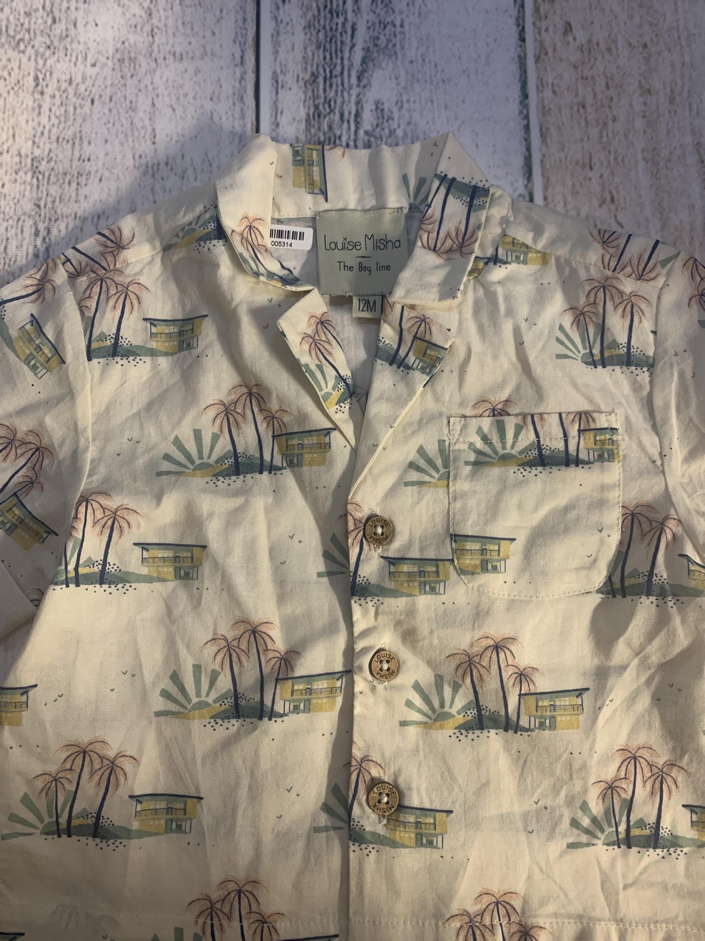 Louise Misha Boys Tan | Retro | Tropical Button Down Short Sleeve Size: 12M Tan | Retro | Tropical