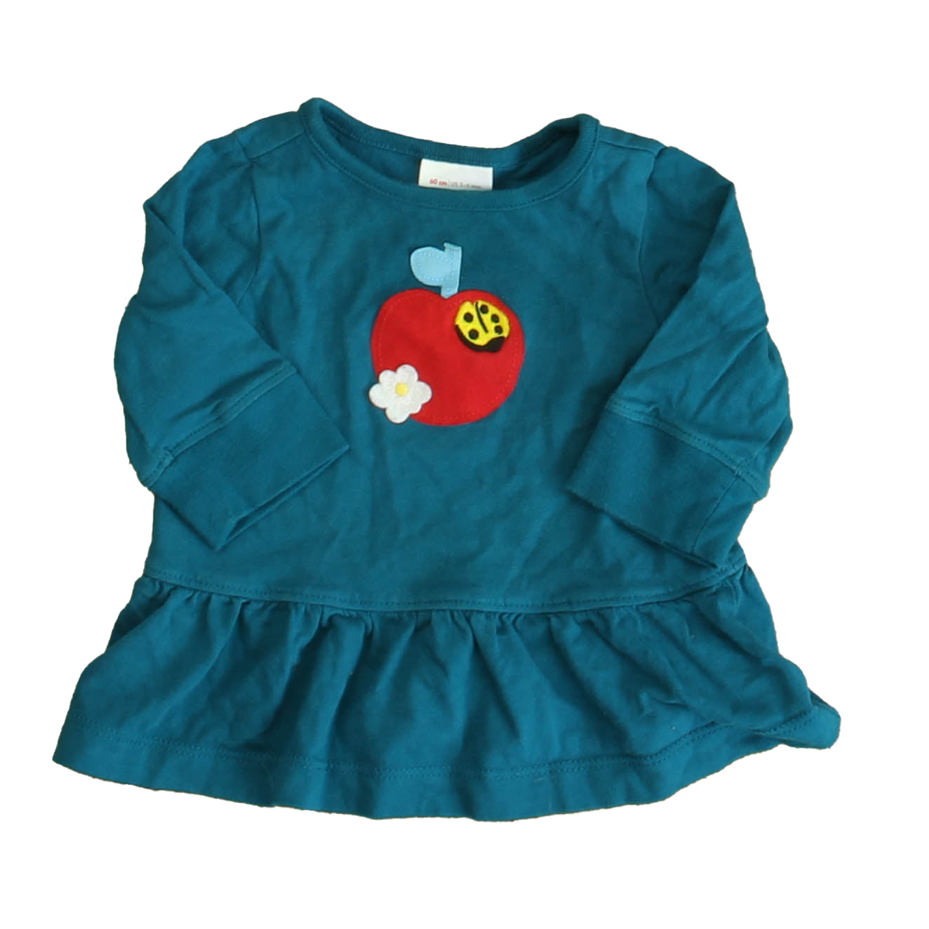 Hanna Andersson Girls Teal | Red Apple Long Sleeve T-Shirt Size: 3-6 Months Teal | Red Apple
