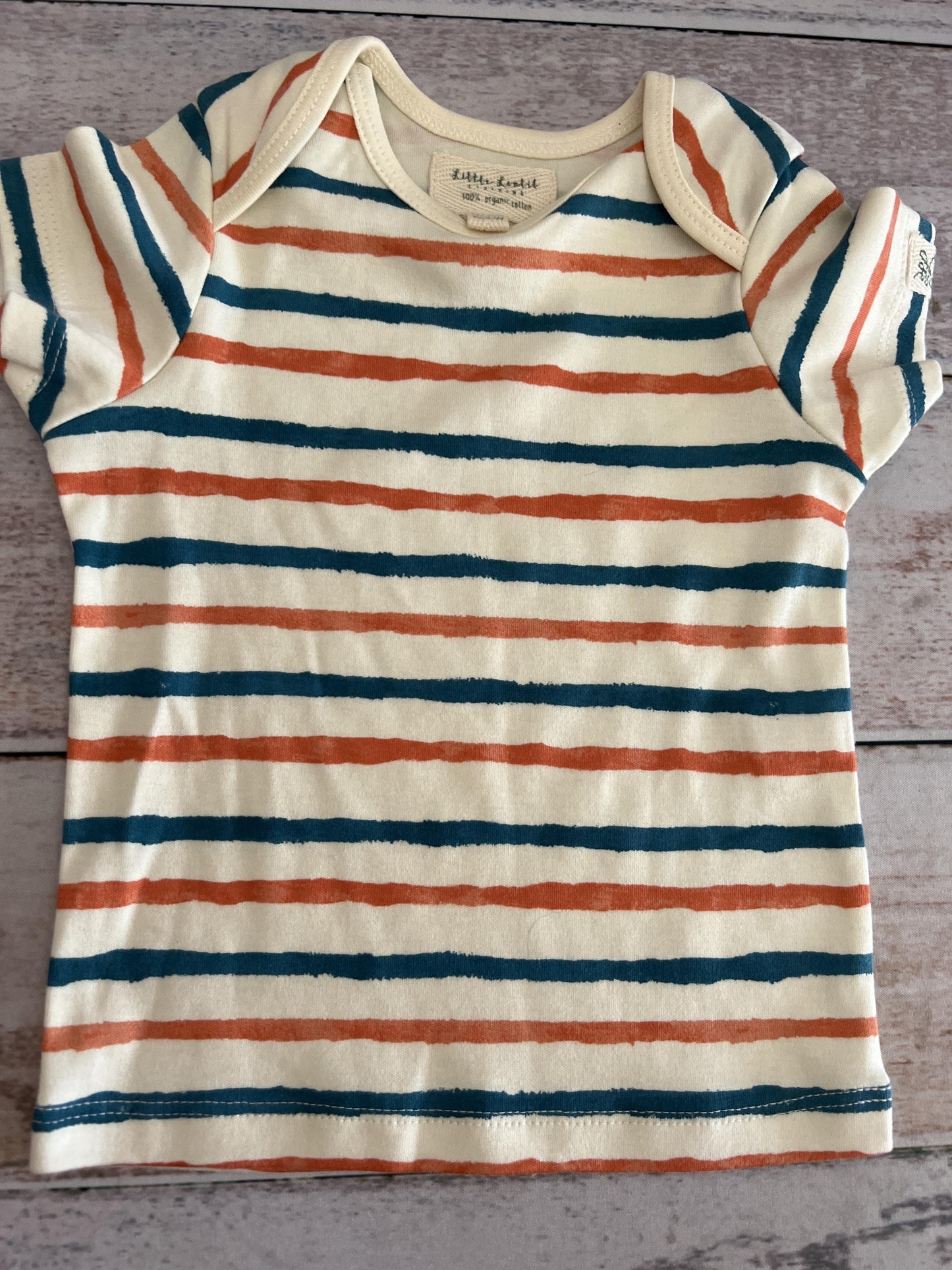 Little Lentil Unisex Turquoise | orange | cream | Stripe T-Shirt Size: 12-18 months Turquoise | orange | cream | Stripe