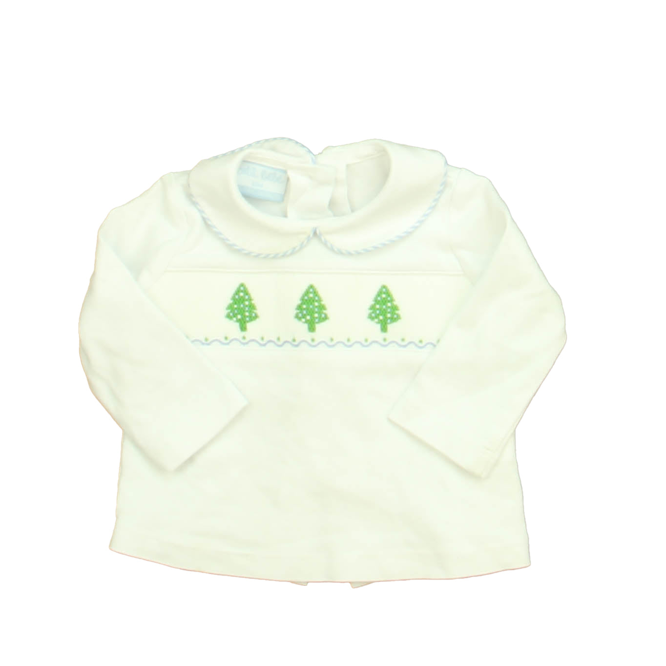 Petit Bebe Boys White | Blue | Green Christmas Trees Long Sleeve Shirt Size: 12 Months White | Blue | Green Christmas Trees