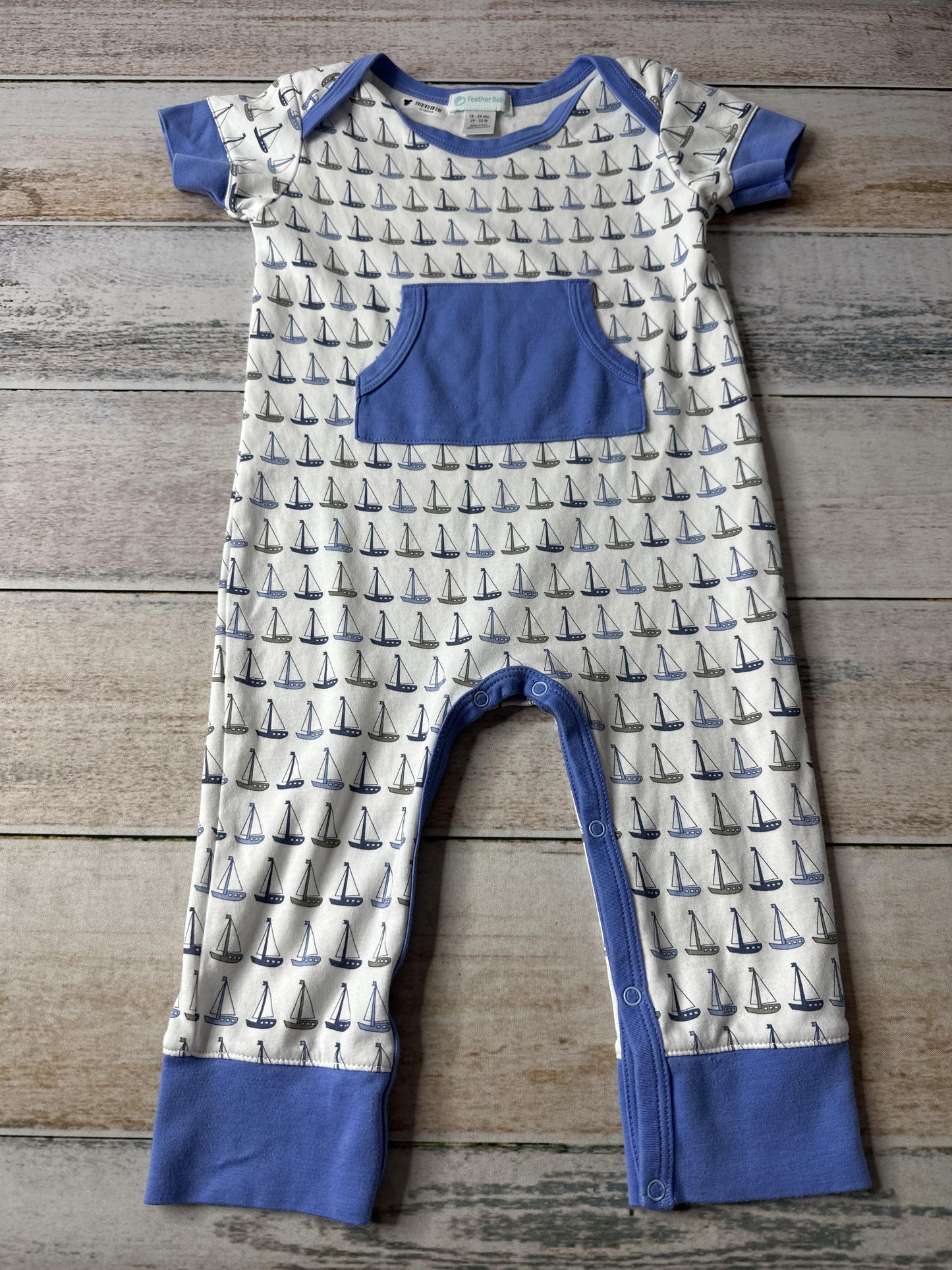 Feather Baby Boys White | Blue | sail boats Romper Size: 18-24 months White | Blue | sail boats