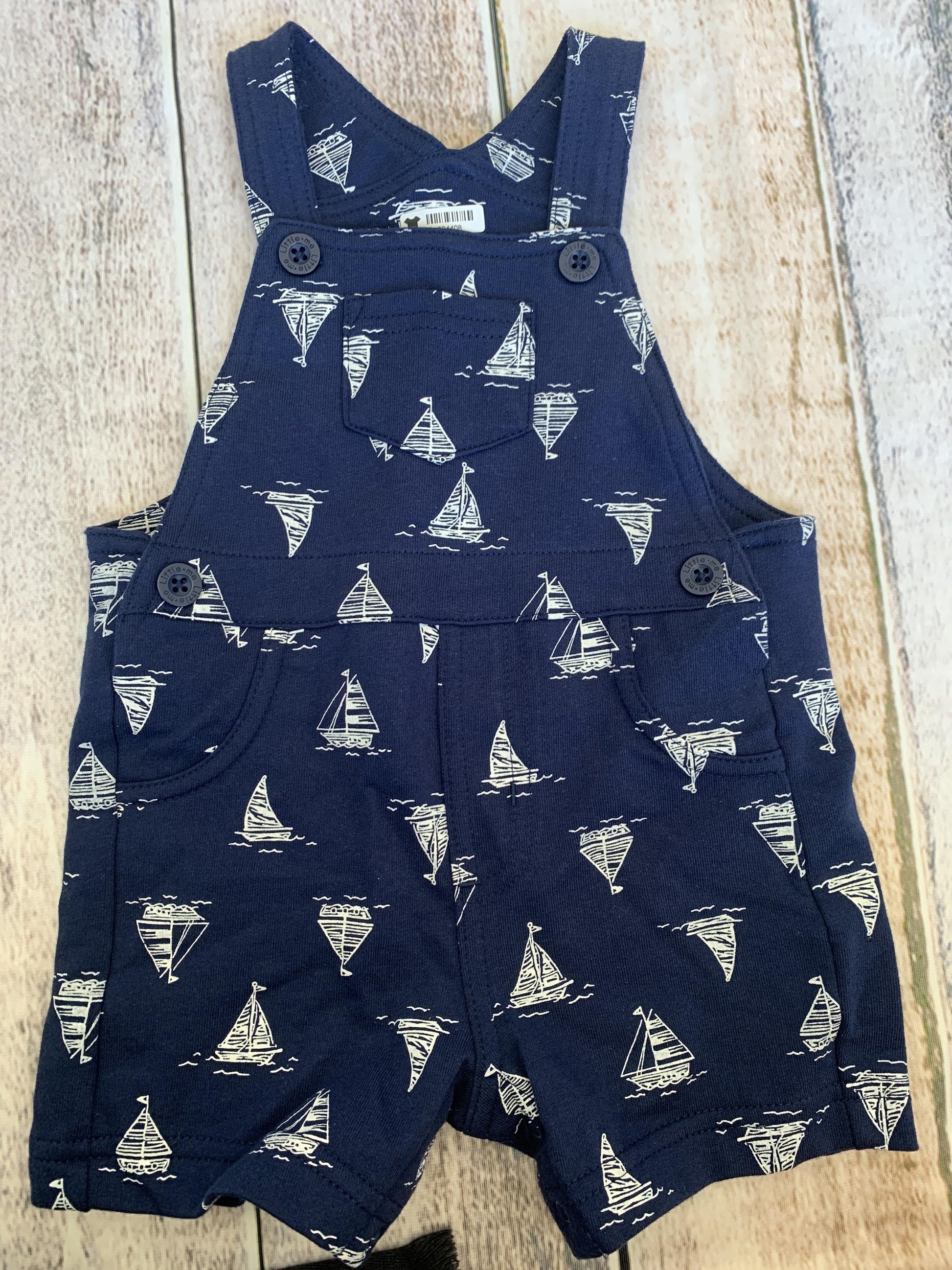 Little Me Boys White | Boats | Navy Blue Overalls Size: 9 months White | Boats | Navy Blue