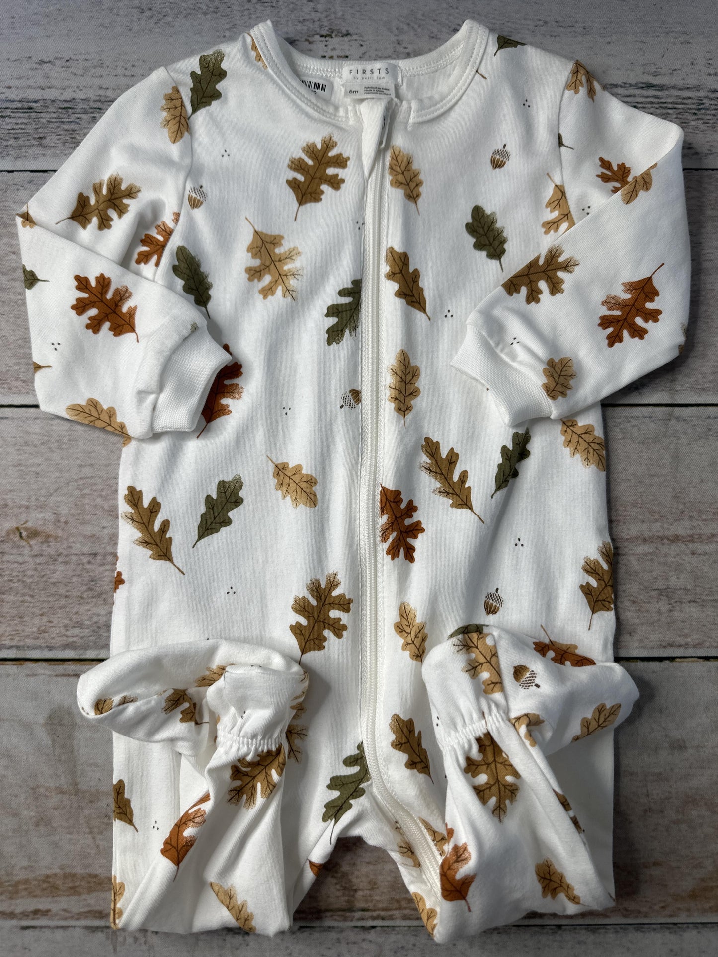 Firsts Unisex White | Brown | green | leaf 1-piece footed Pajamas Size: 6 months White | Brown | green | leaf