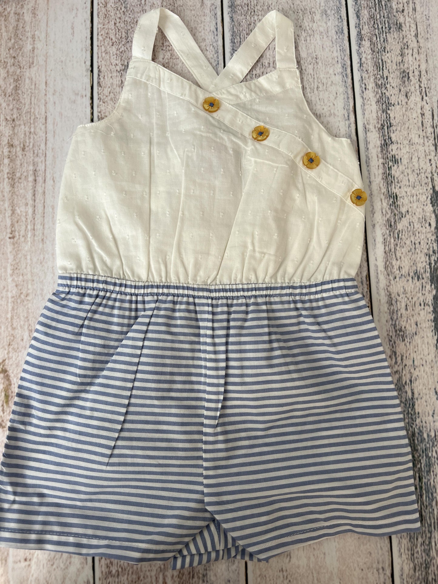 Emmas Garden Girls White | Light Blue | Stripe Romper Size: 24 months White | Light Blue | Stripe