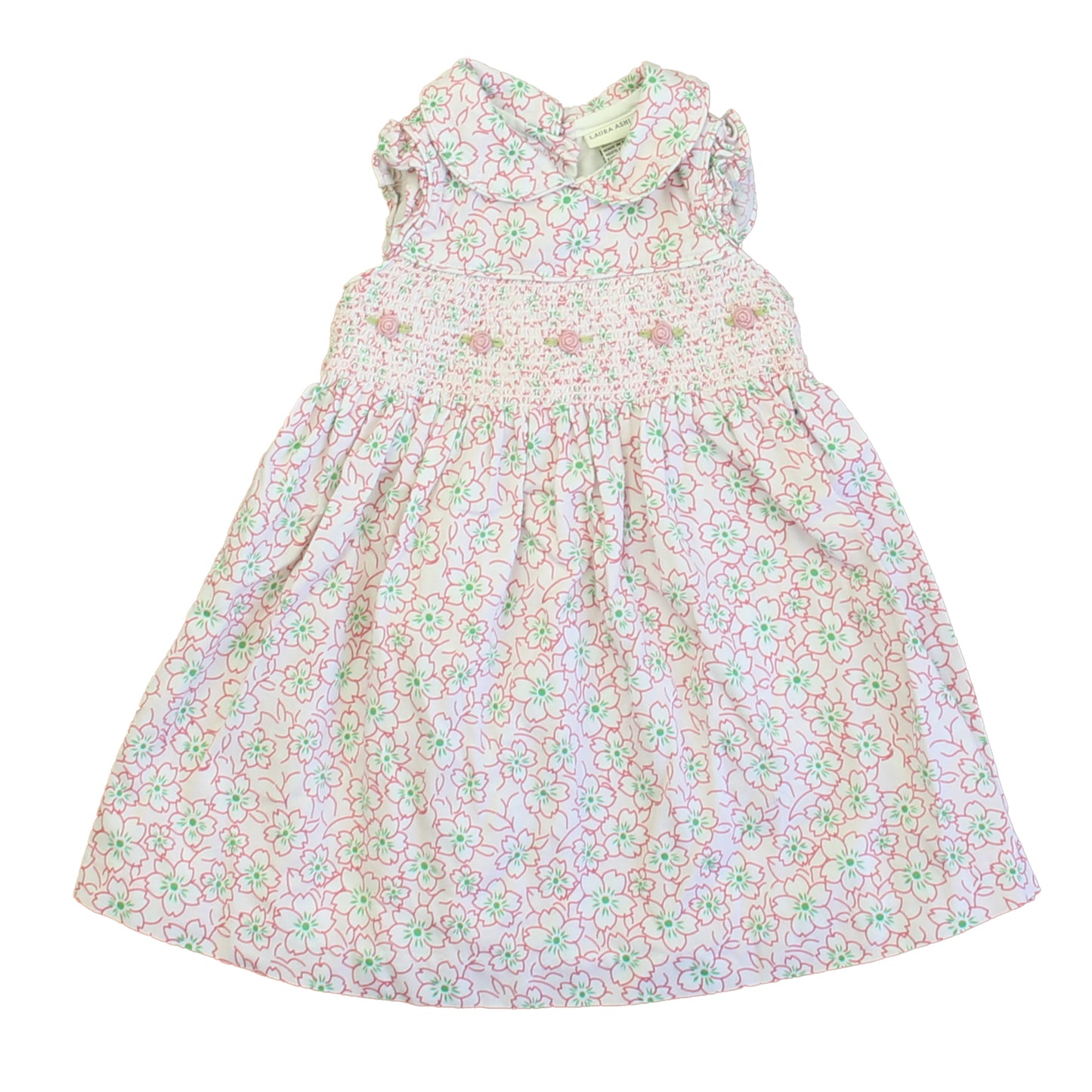 Laura Ashley Girls White | Pink | Green Floral Dress Size: 12 Months