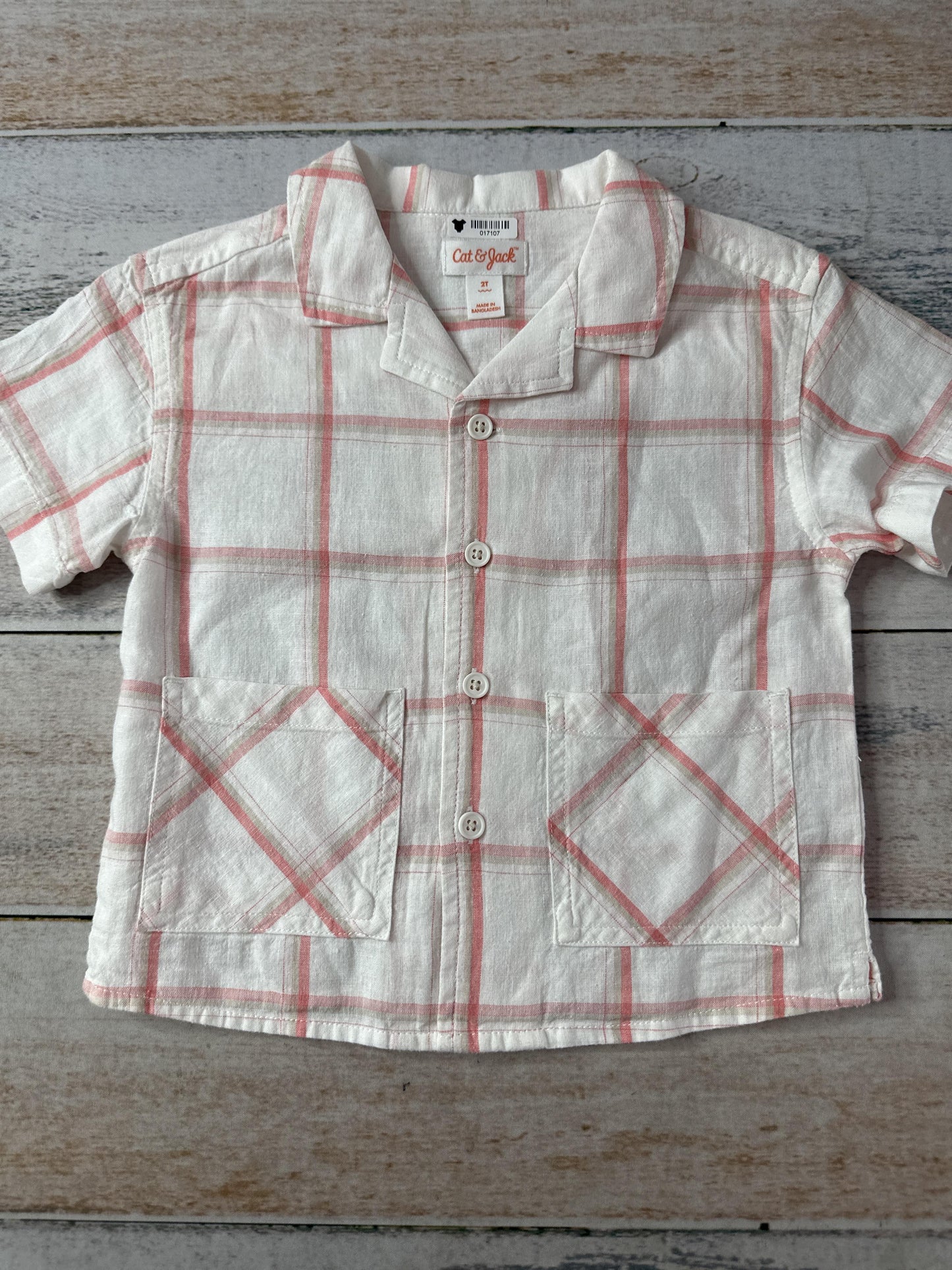 Cat & Jack Unisex White | Red Button Down Short Sleeve Size: 2T White | Red