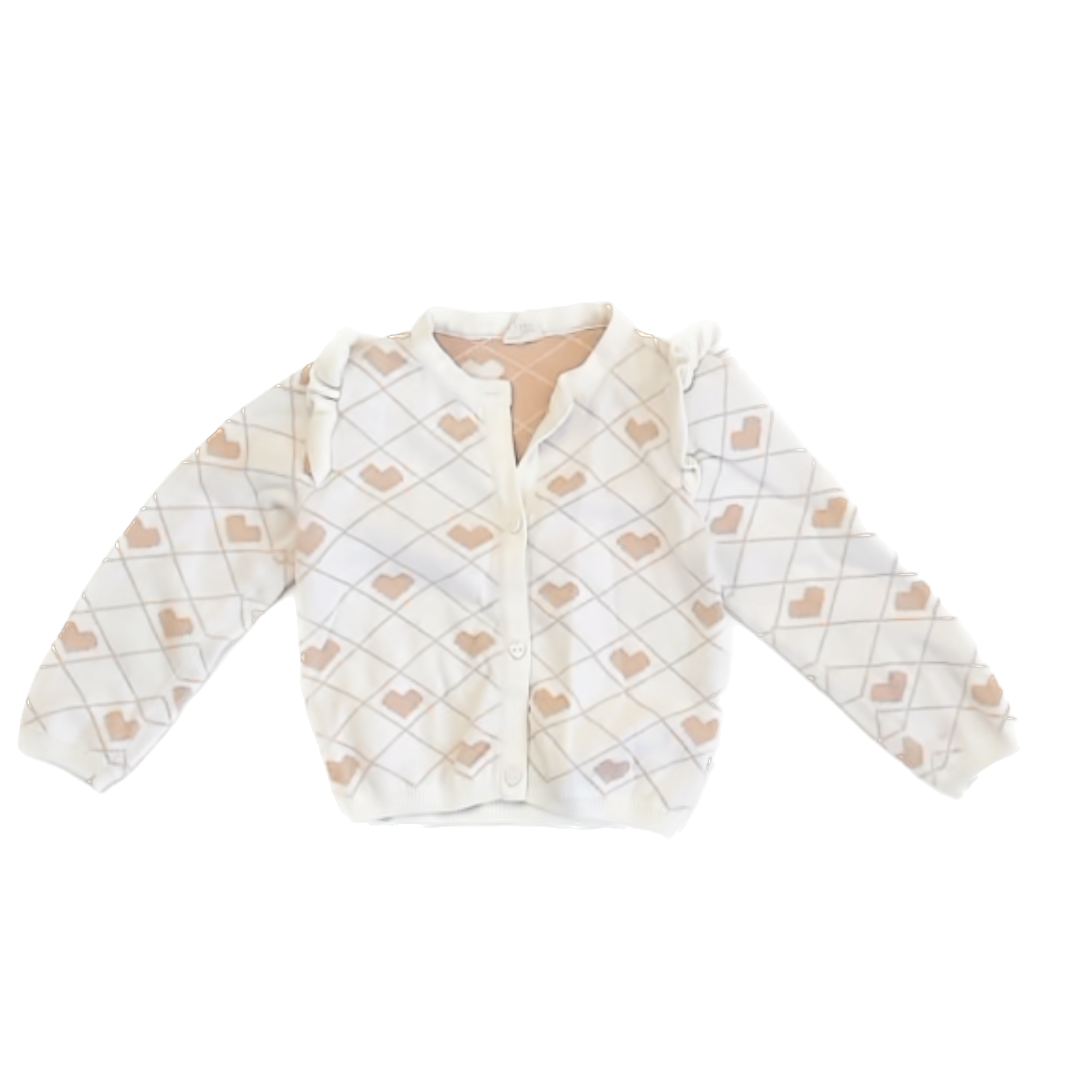 Teddy Boom Girls White | Tan Hearts Cardigan Size: 12-18 Months White | Tan Hearts