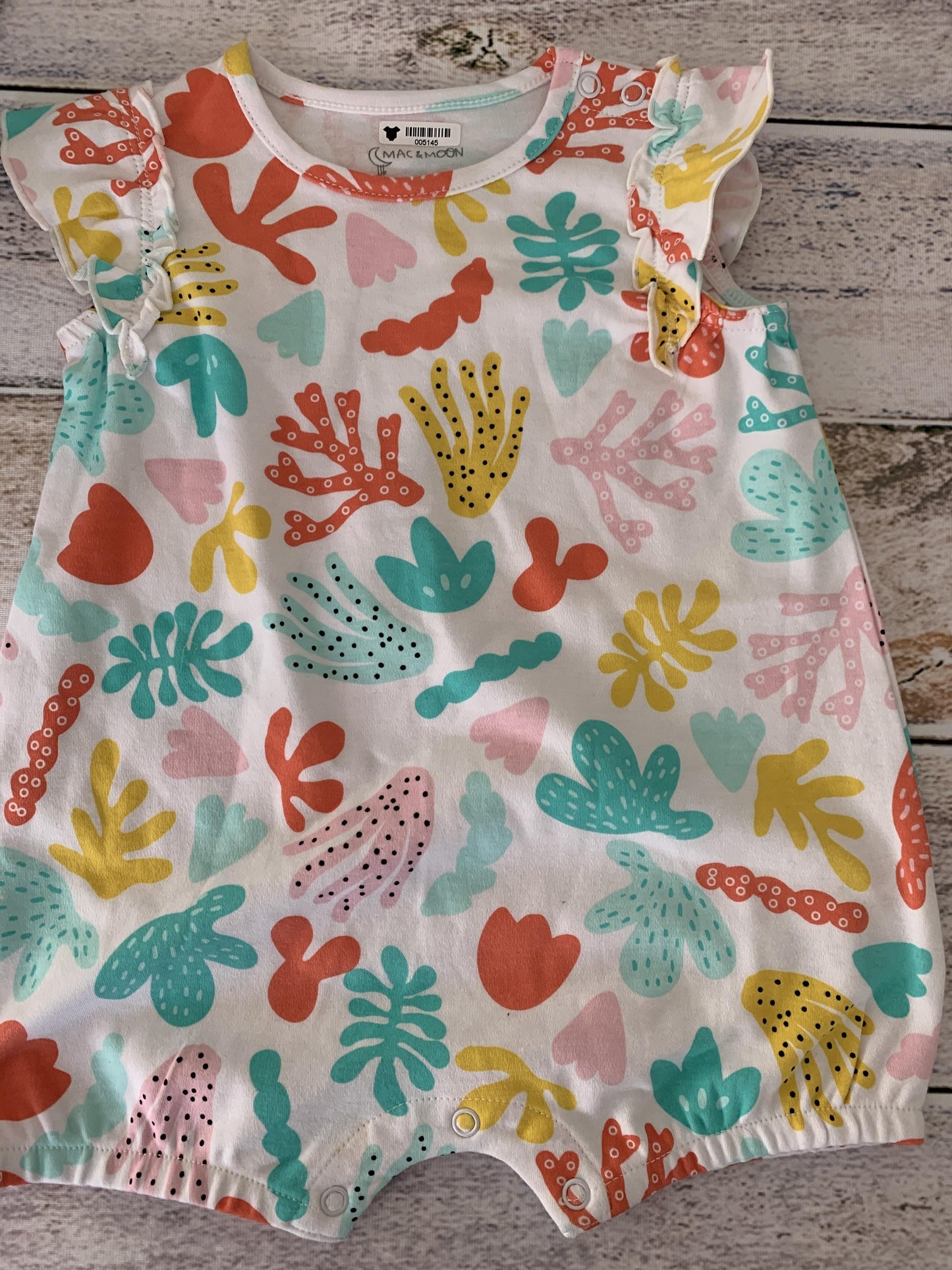 Mac & Moon Girls White | Teal | pink | orange | Pattern Romper Size: 12M White | Teal | pink | orange | Pattern