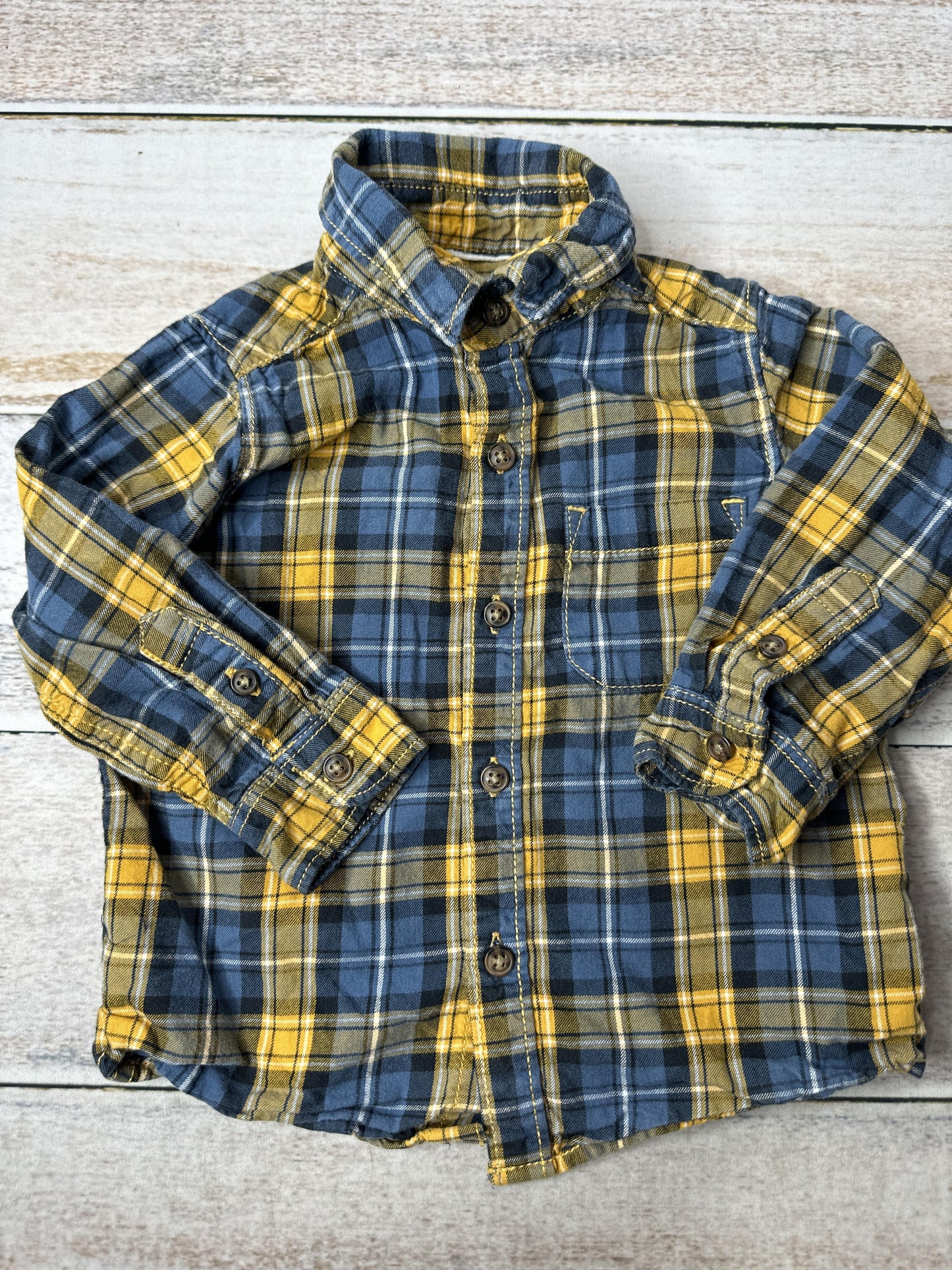 Carters Unisex Yellow | Navy Blue Button Down Short Sleeve Size: 12 months Yellow | Navy Blue