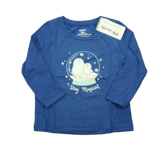 Carters Girls Blue Penguin Long Sleeve T-Shirt Size: 12 Months Blue Penguin