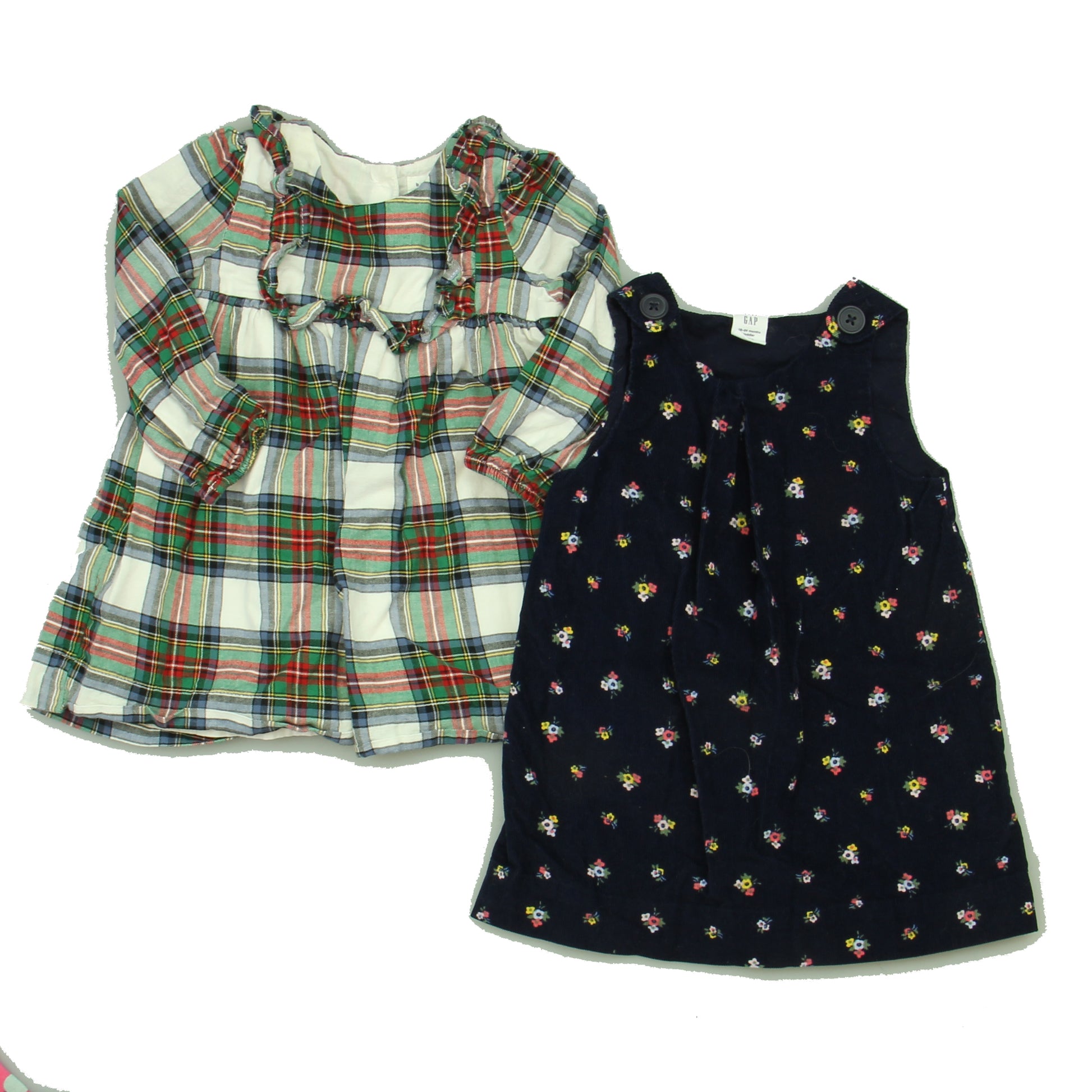 Gap Girls White | Red Plaid | Navy Floral Dress Size: 18-24 Months White | Red Plaid | Navy Floral