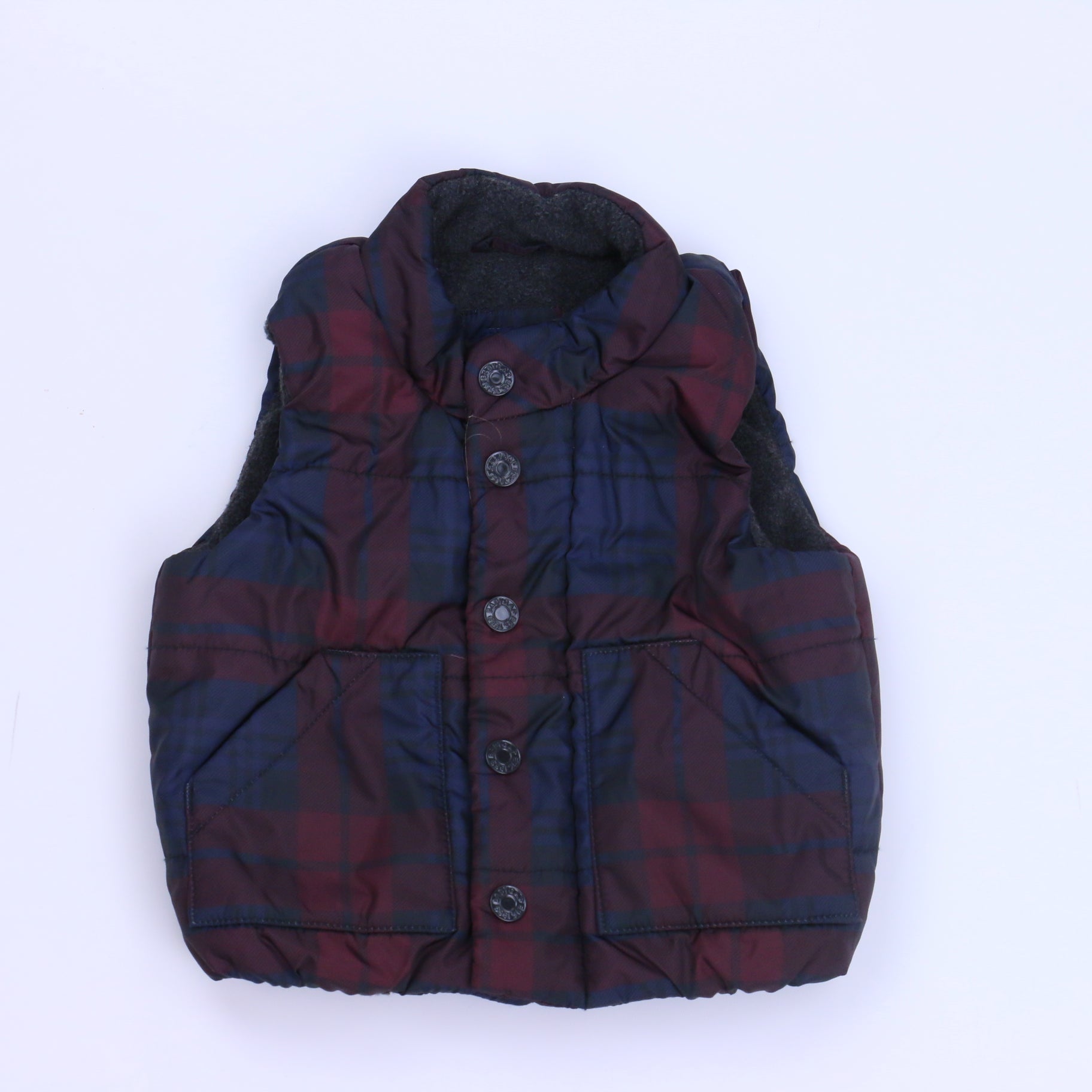 Gap Boys Maroon | Navy Plaid Vest Size: 6-12 Months Maroon | Navy Plaid
