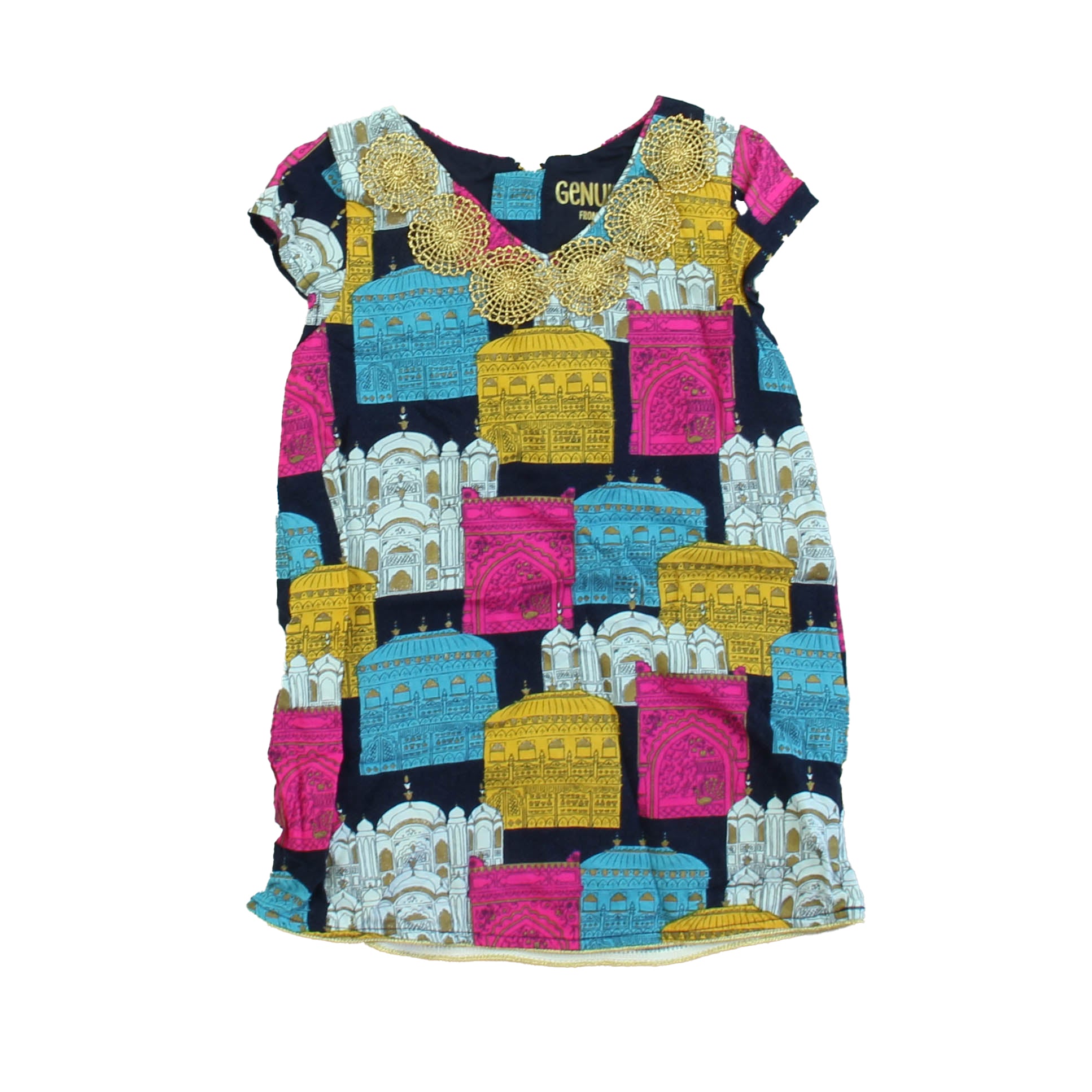 Genuine Kids From OshKosh Girls Navy | Yellow | Pink Short Sleeve Shirt Size: 18M Navy | Yellow | Pink