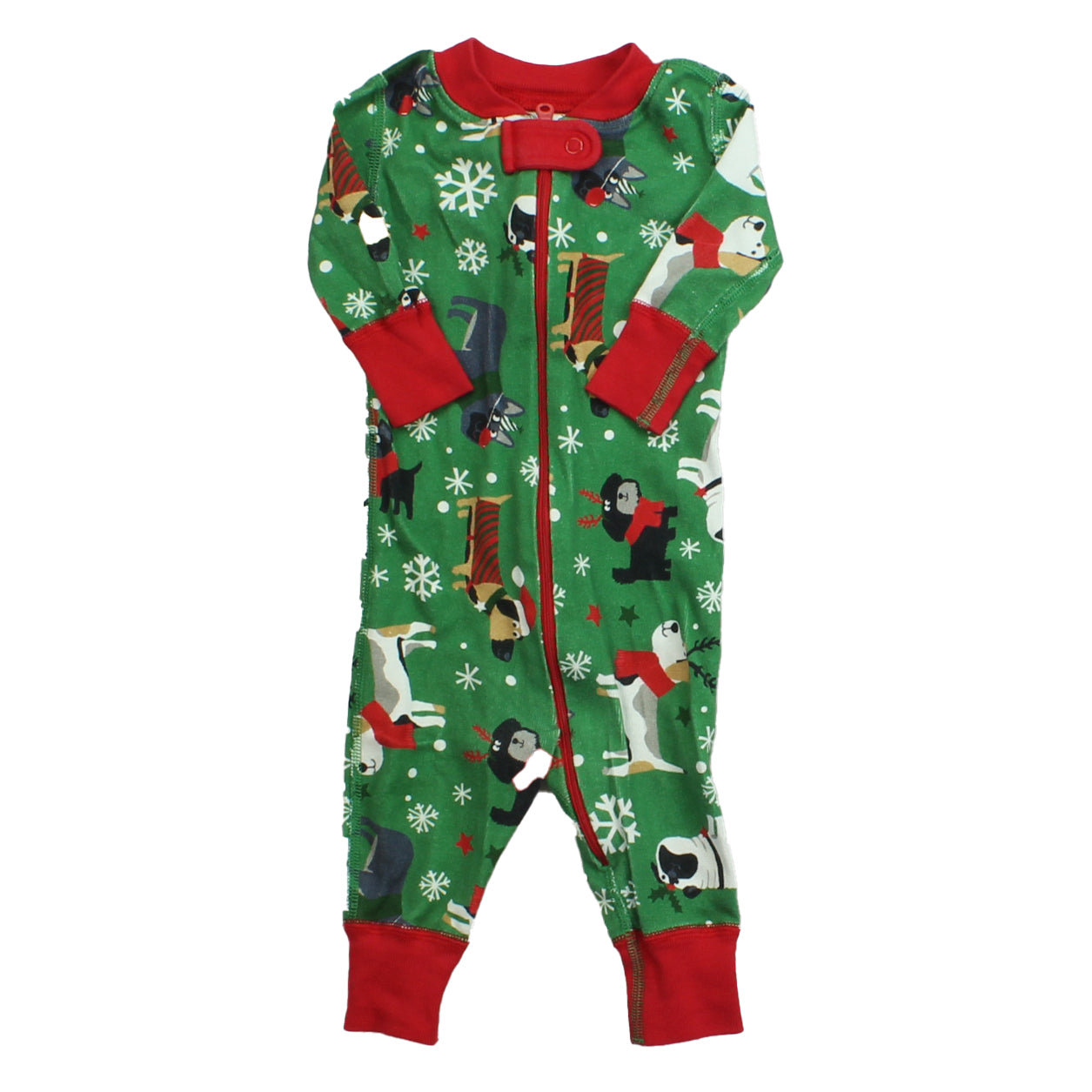 Hanna Andersson Unisex Green | Red | Dogs 1-piece Non-footed Pajamas Size: 0-3 Months Green | Red | Dogs