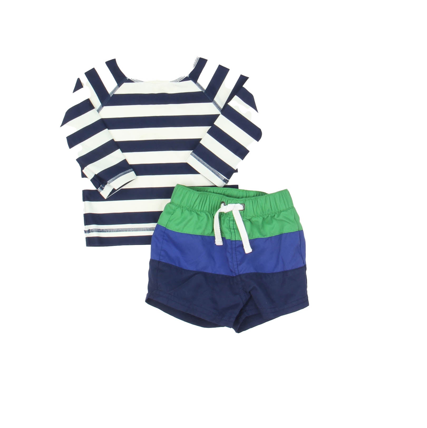 Hanna Andersson Boys Blue | White | Green | Stripes 2-piece Swimsuit Size: 3-6 Months Blue | White | Green | Stripes