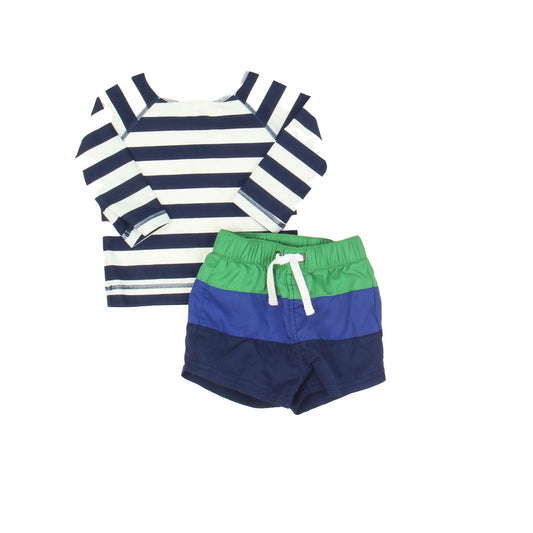 Hanna Andersson Boys Blue | White | Green | Stripes 2-piece Swimsuit Size: 3-6 Months Blue | White | Green | Stripes