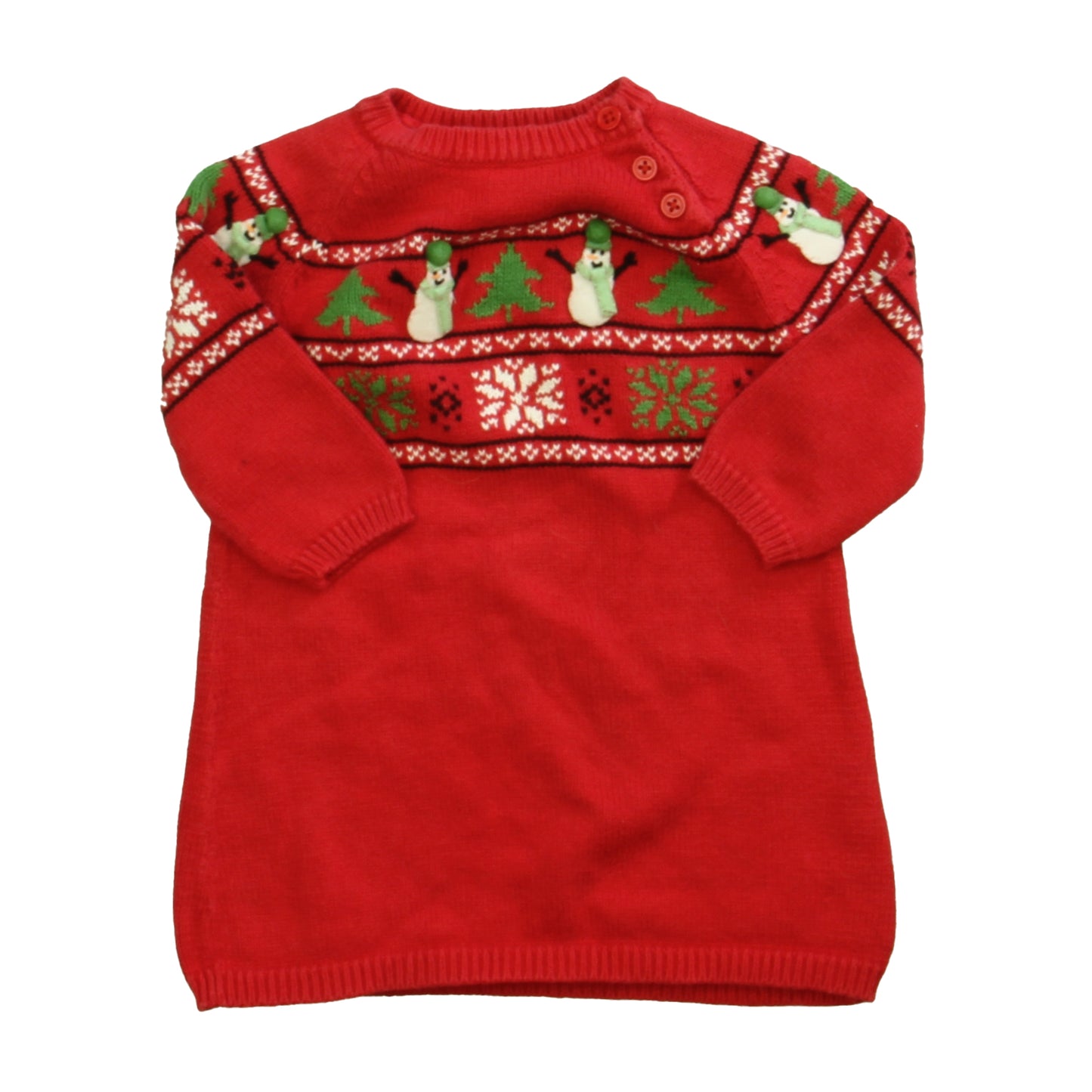 Hartstrings Girls Red | Green Snowmen Sweater Dress Size: 18 Months Red | Green Snowmen