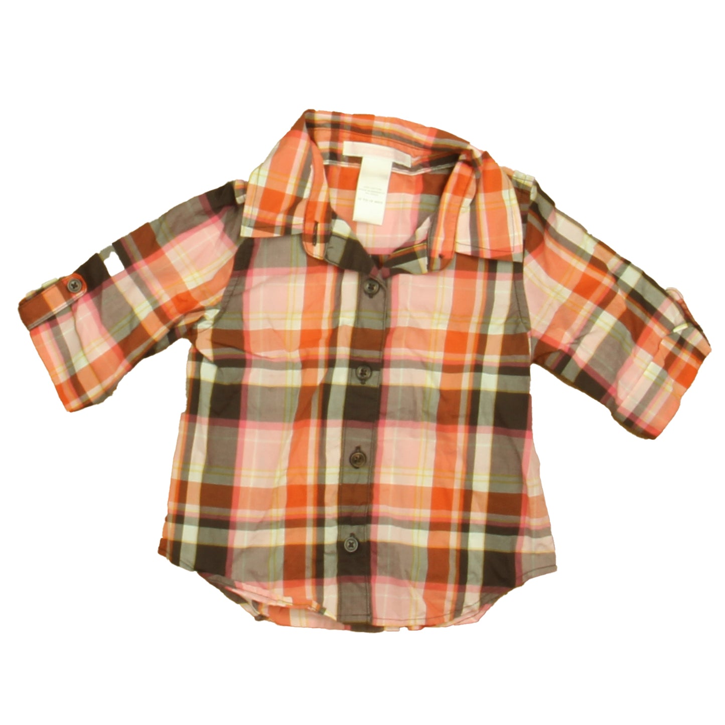 Janie and Jack Girls Pink | Brown Plaid Button Down Long Sleeve Size: 12-18 Months Pink | Brown Plaid