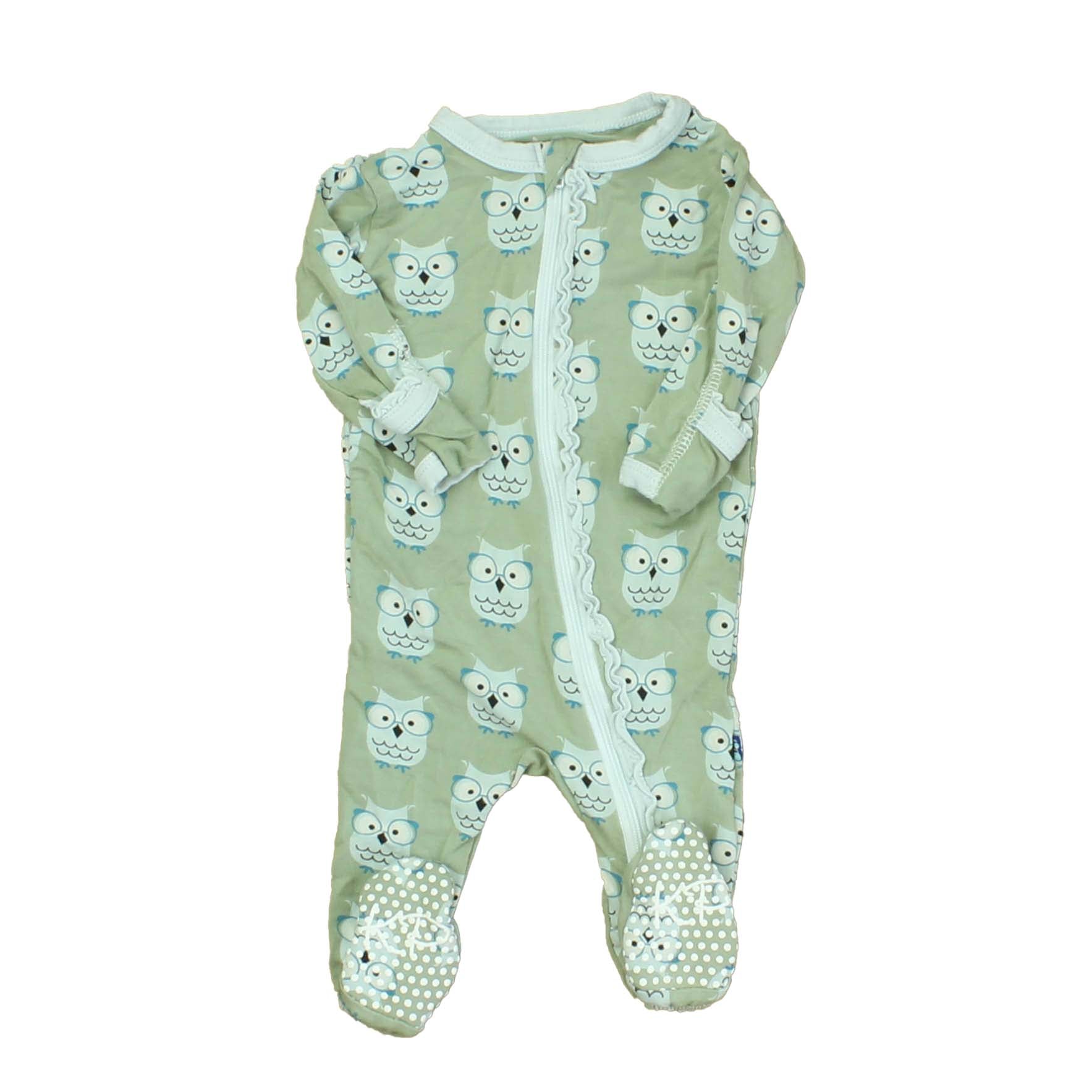 Kickee Pants Girls Green | Owls 1-piece footed Pajamas Size: 0-3 Green | Owls
