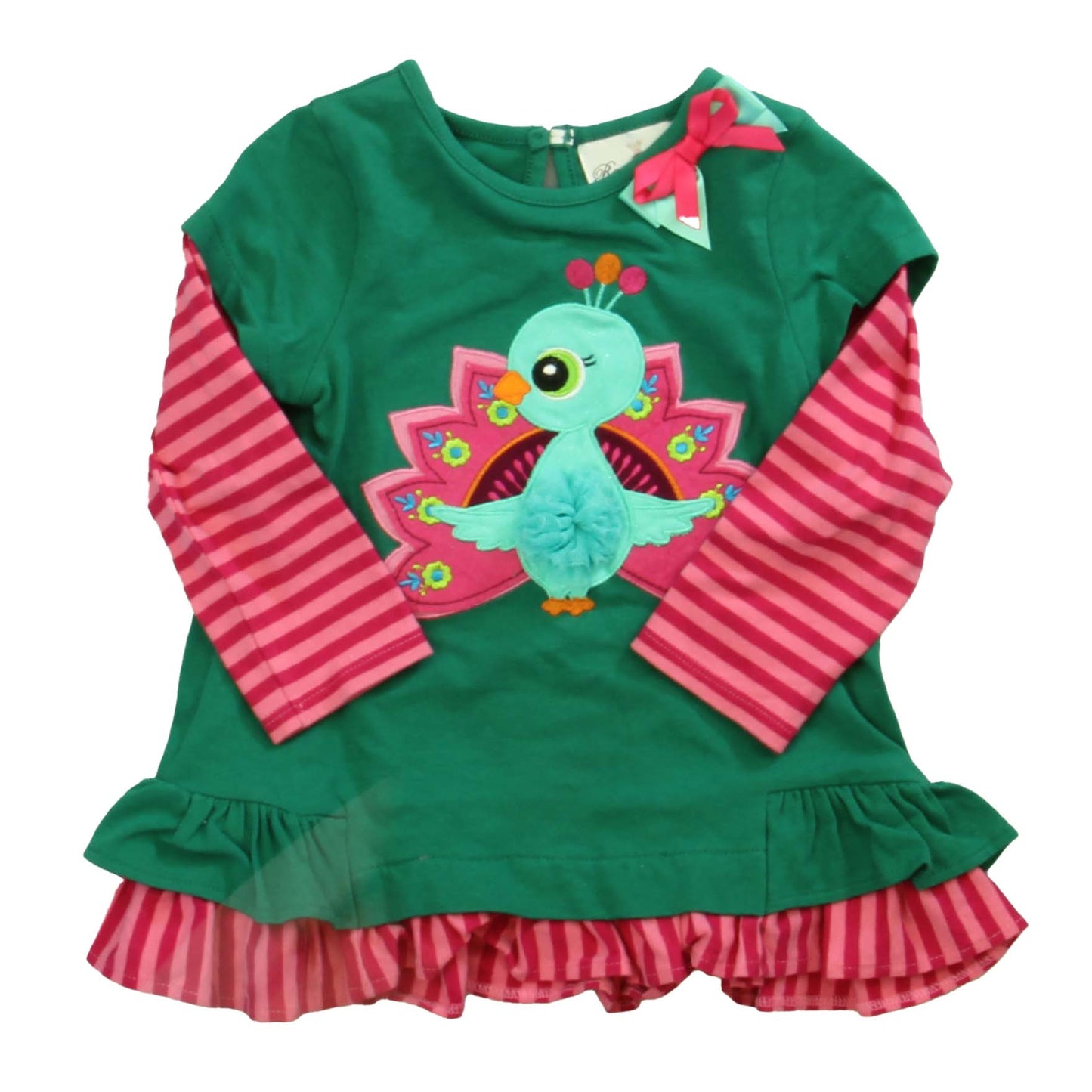 Rare Editions Girls Green | Pink Peacok Long Sleeve T-Shirt Size: 24 Months Green | Pink Peacok