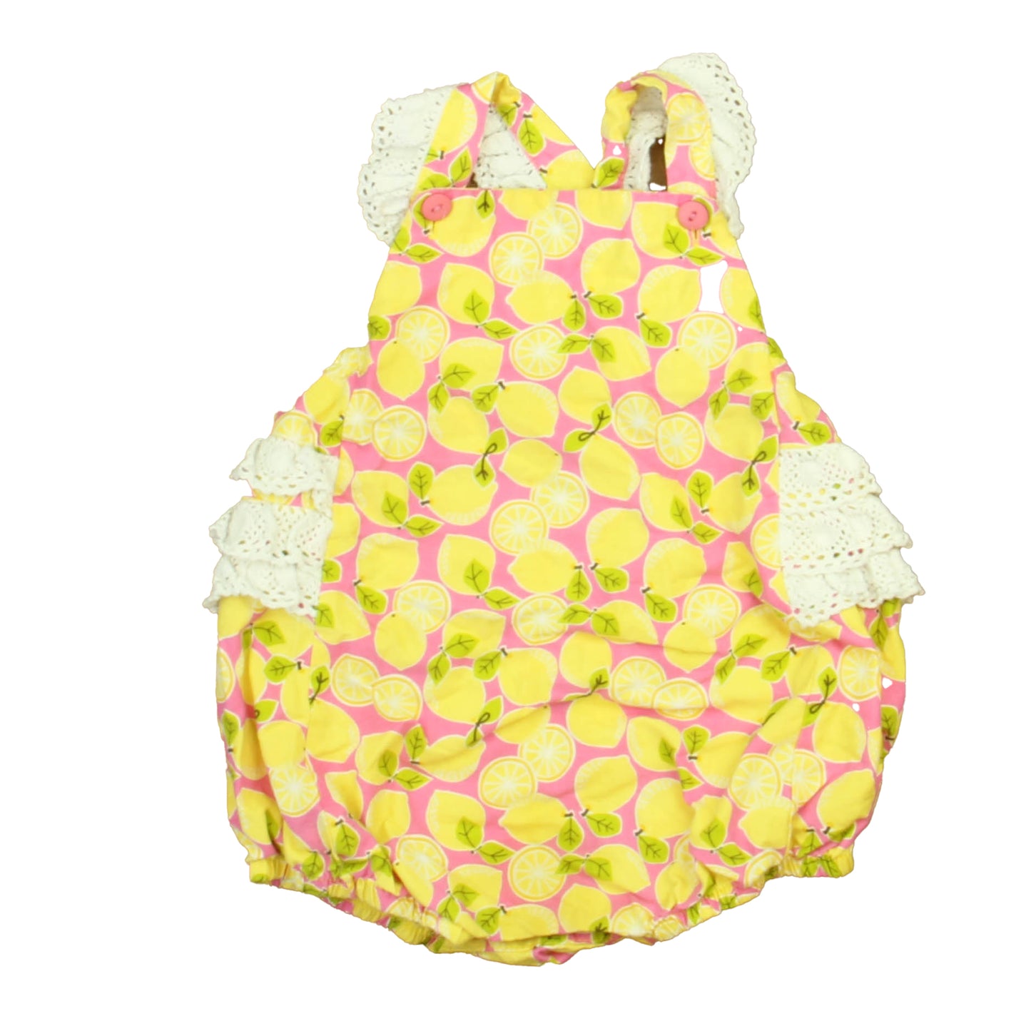 Ricrac & Ruffles Girls Pink | Yellow Lemons Romper Size: 24 Months Pink | Yellow Lemons