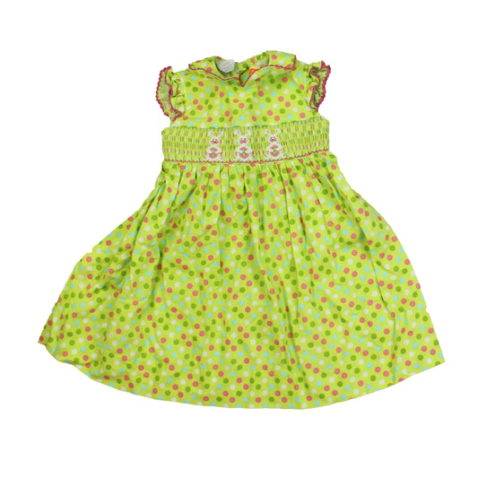 Southern Sunshine Kids Girls Green | Polka Dots | Bunnies | Smocked Dress Size: 18 Months