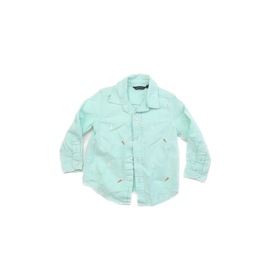 Janie and Jack Boys Aqua Bunnies Button Down Long Sleeve Size: 18-24 Months Aqua Bunnies