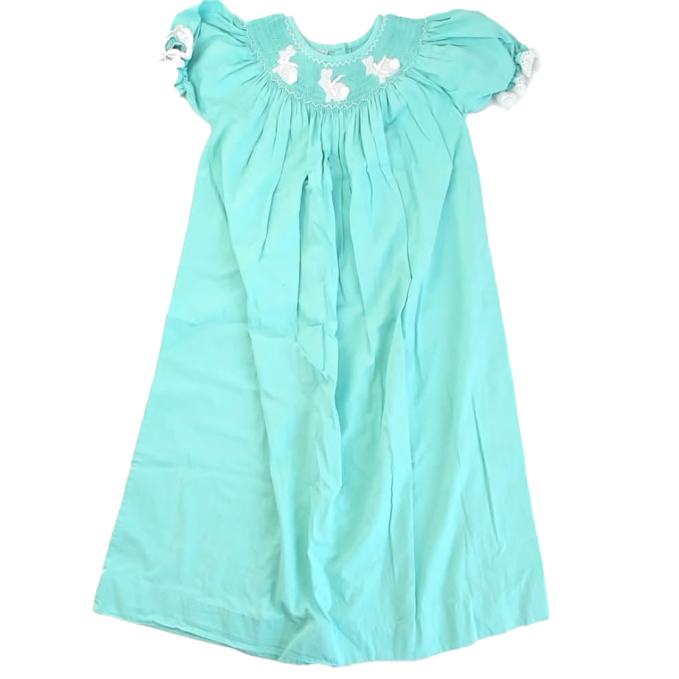 Pleats & Stitches Girls Aqua Bunnies Dress Size: 10 Years Aqua Bunnies