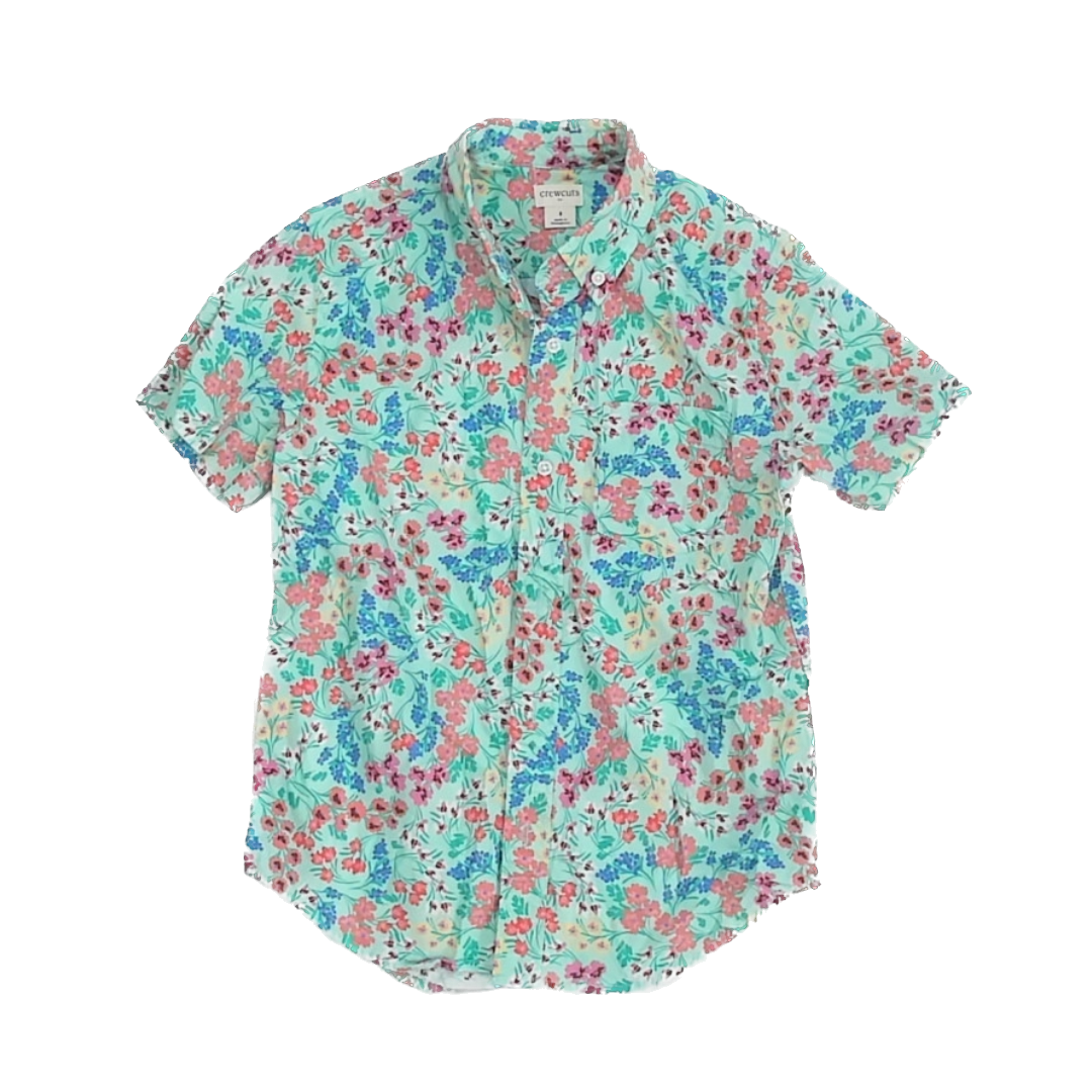 Crewcuts Boys Aqua Floral Button Down Short Sleeve Size: 8 Years Aqua Floral
