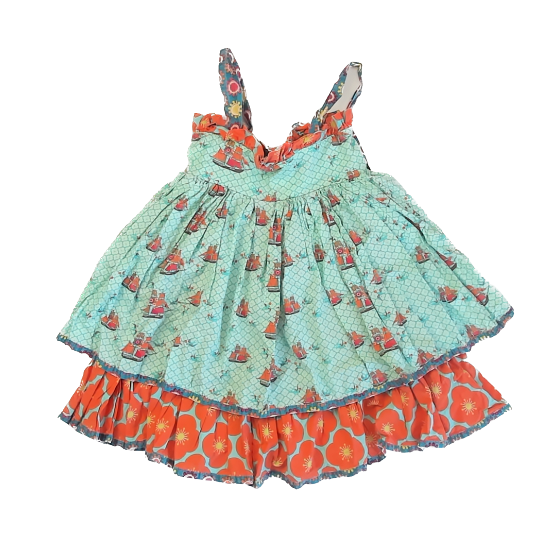 Jelly The Pug Girls Aqua | Orange Pirate ships Dress Size: 4T Aqua | Orange Pirate ships