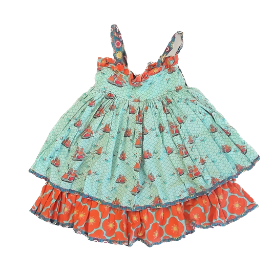 Jelly The Pug Girls Aqua | Orange Pirate ships Dress Size: 4T Aqua | Orange Pirate ships